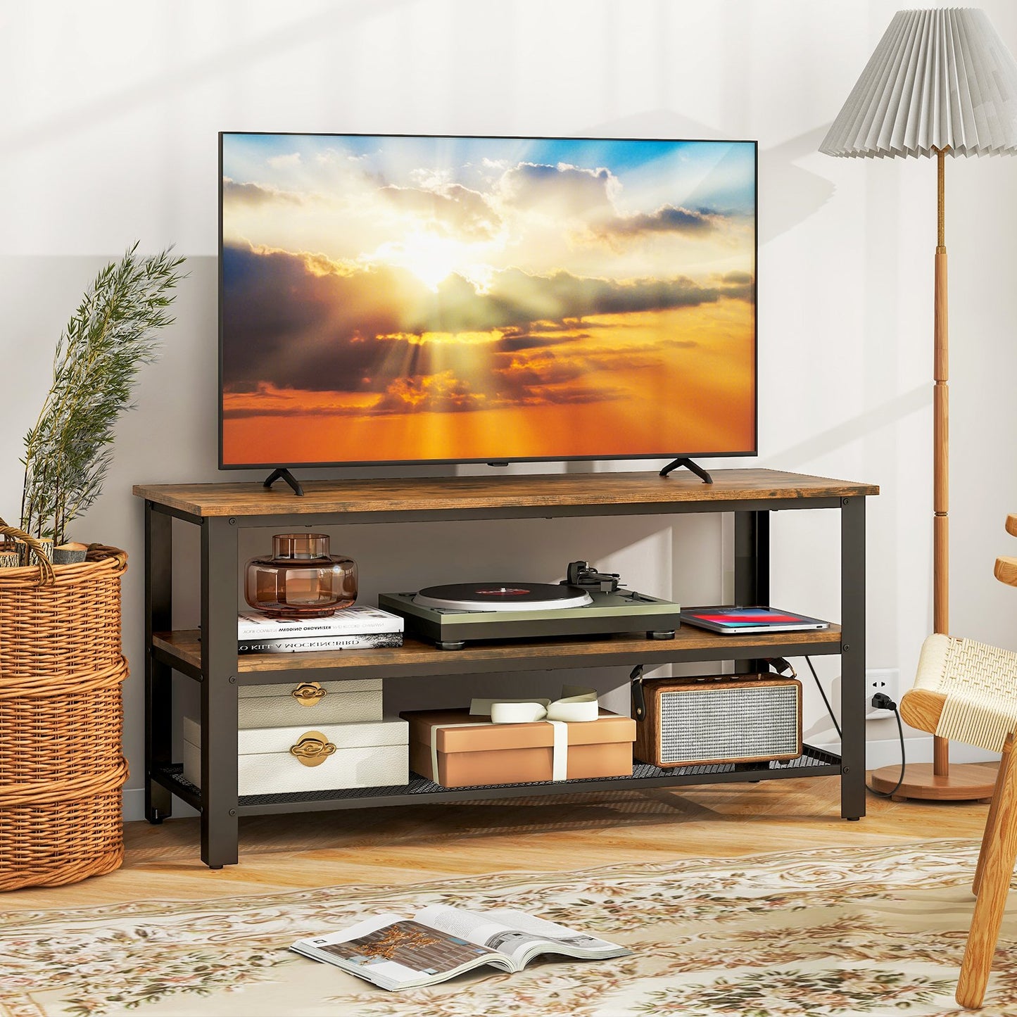 Industrial TV Stand up to 50 Inches with Power Outlets and USB Ports-Rustic Brown