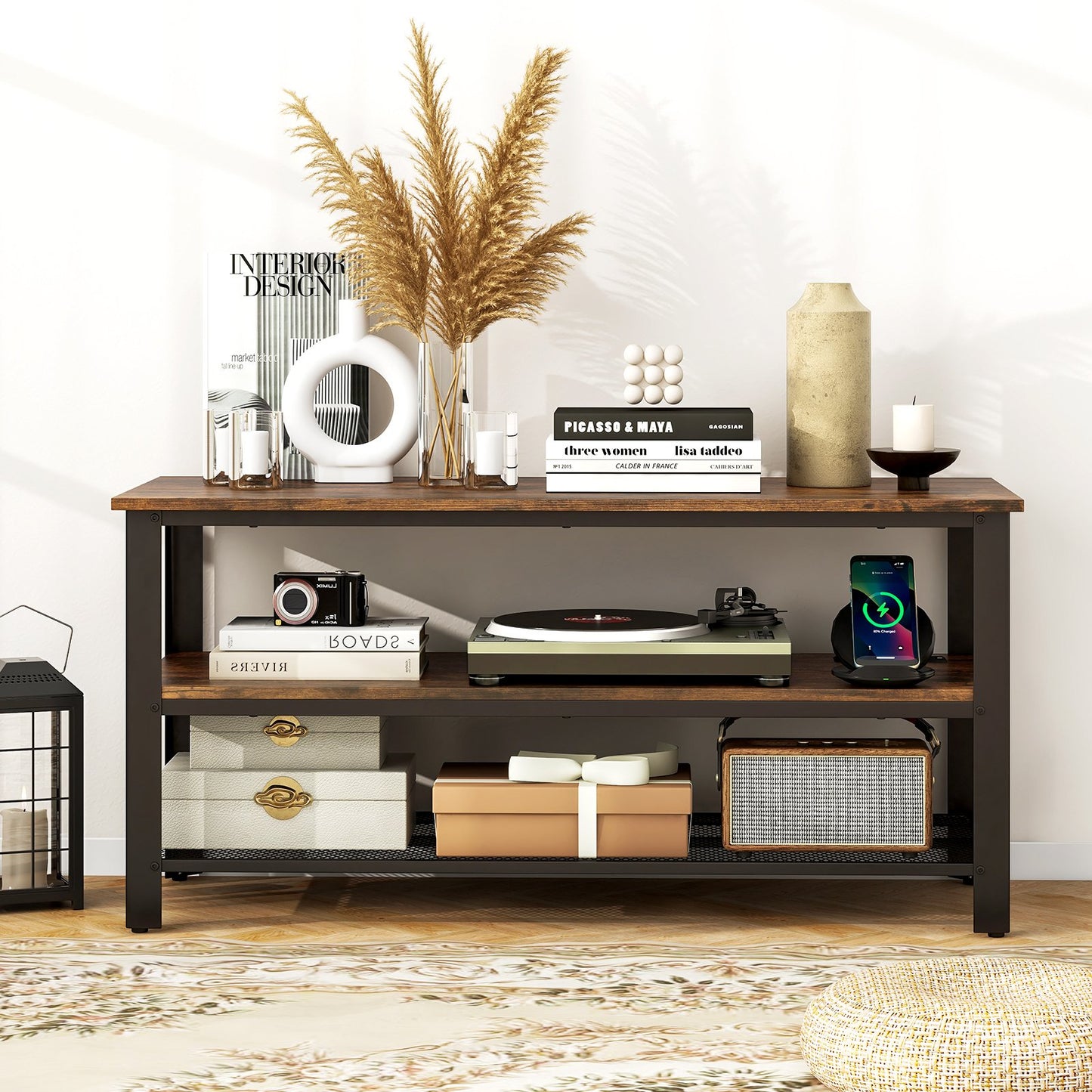 Industrial TV Stand up to 50 Inches with Power Outlets and USB Ports-Rustic Brown