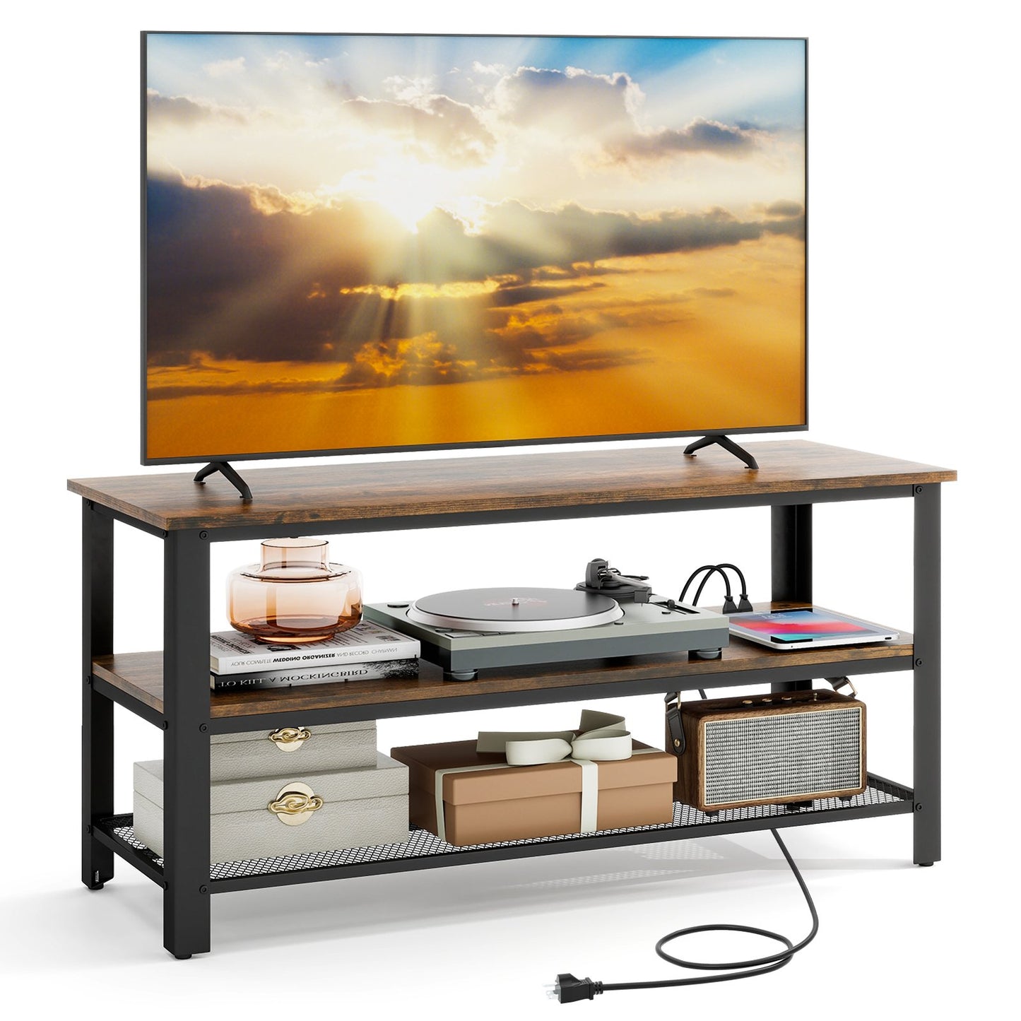 Industrial TV Stand up to 50 Inches with Power Outlets and USB Ports-Rustic Brown