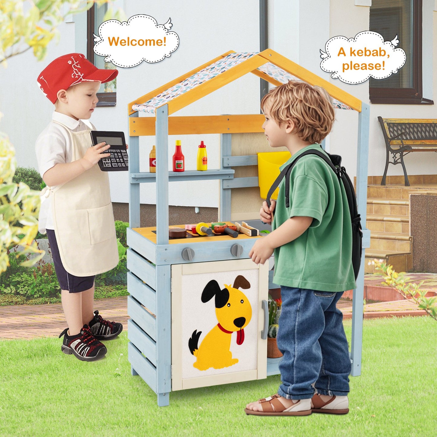 2 in 1 Wooden Mud Kitchen with Removable Water Box and Storage Bag-Gray