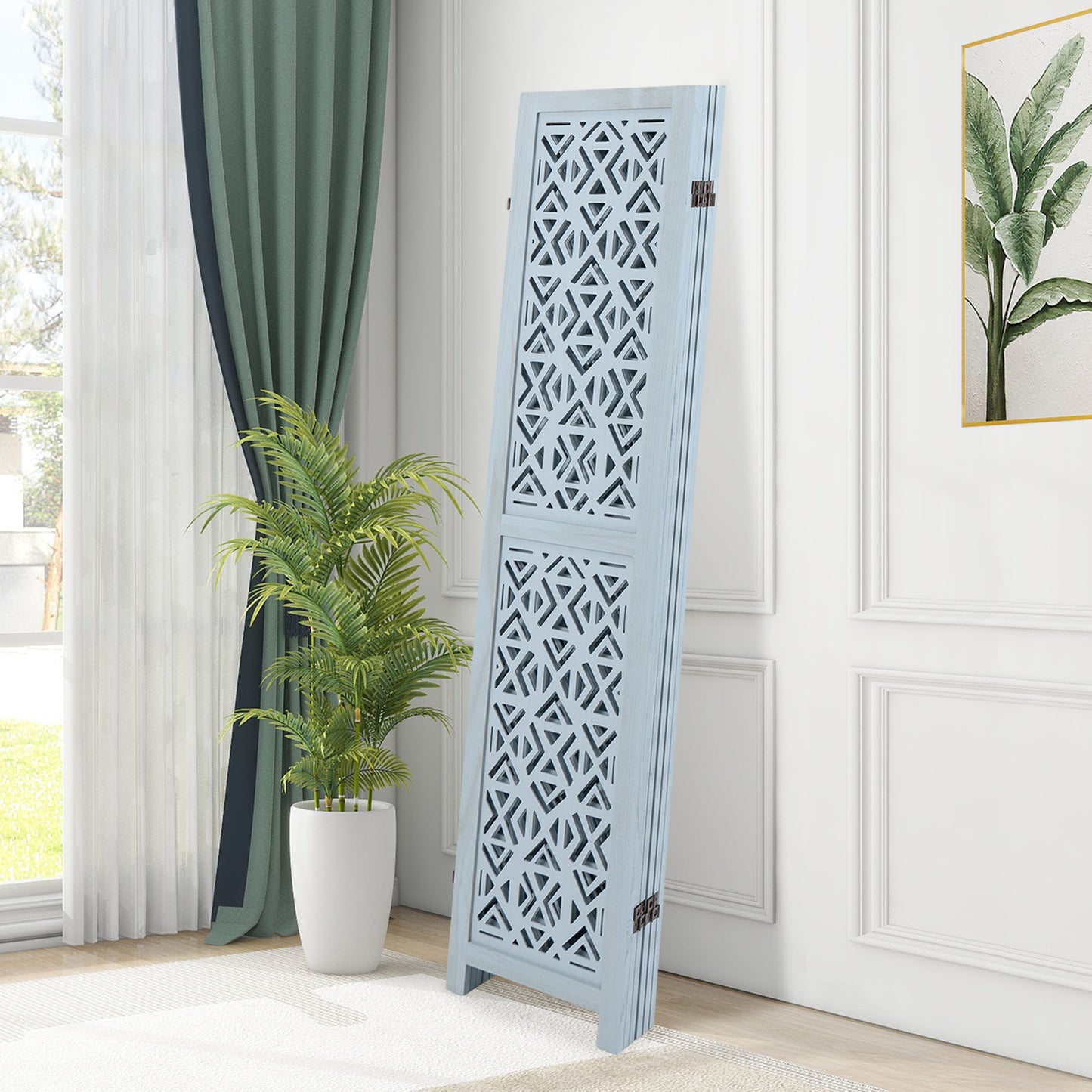 4/6 Panel Wooden Room Divider with Carved Cutout Pattern and Solid Wood Frame-4 Panel