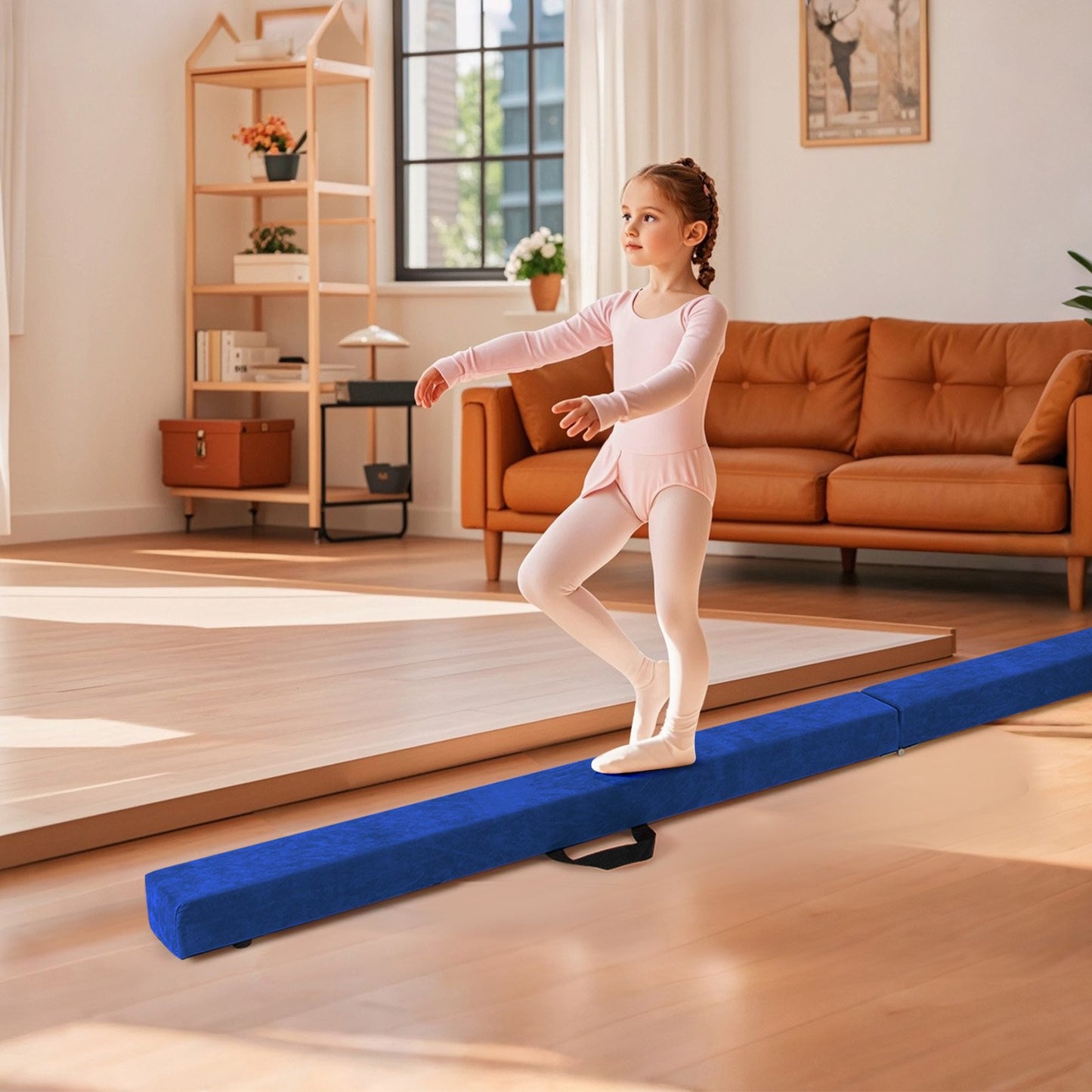 Folding Balance Beam with Solid Wood Base and Anti-slip Bottom-Beige