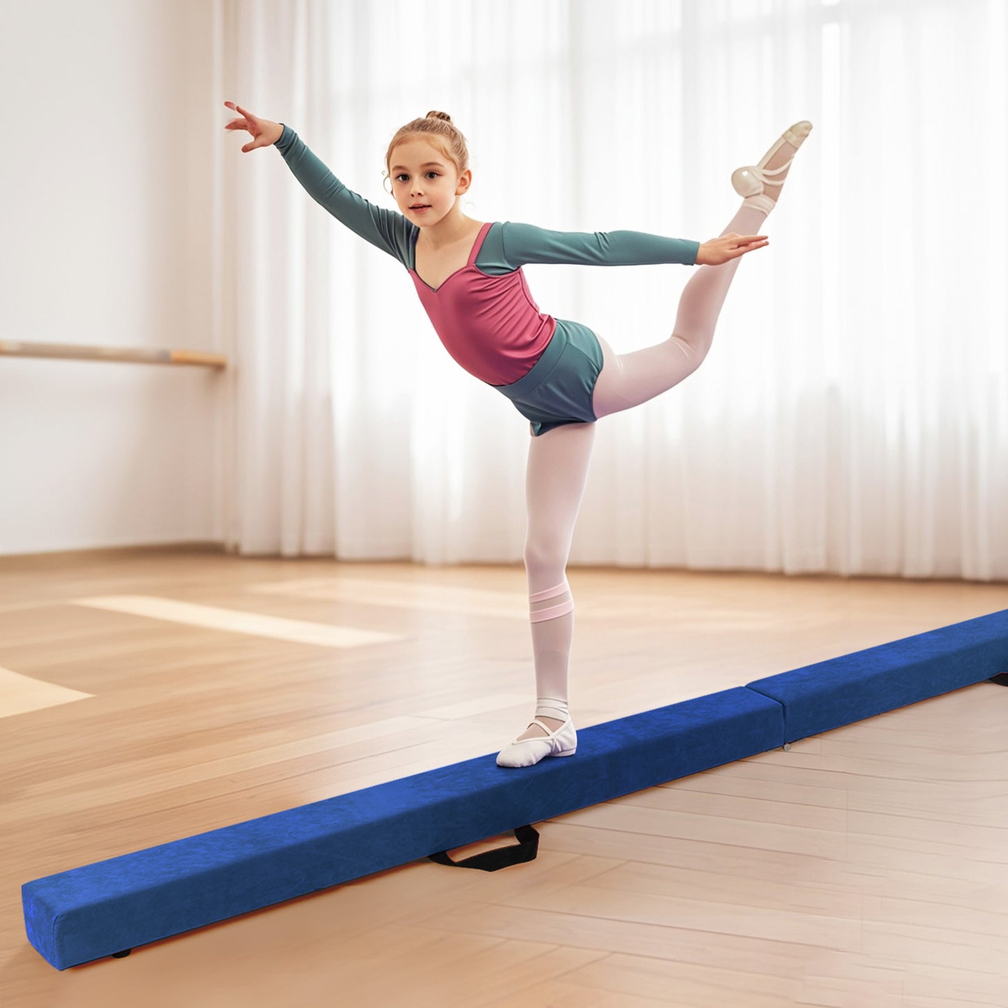 Folding Balance Beam with Solid Wood Base and Anti-slip Bottom-Beige