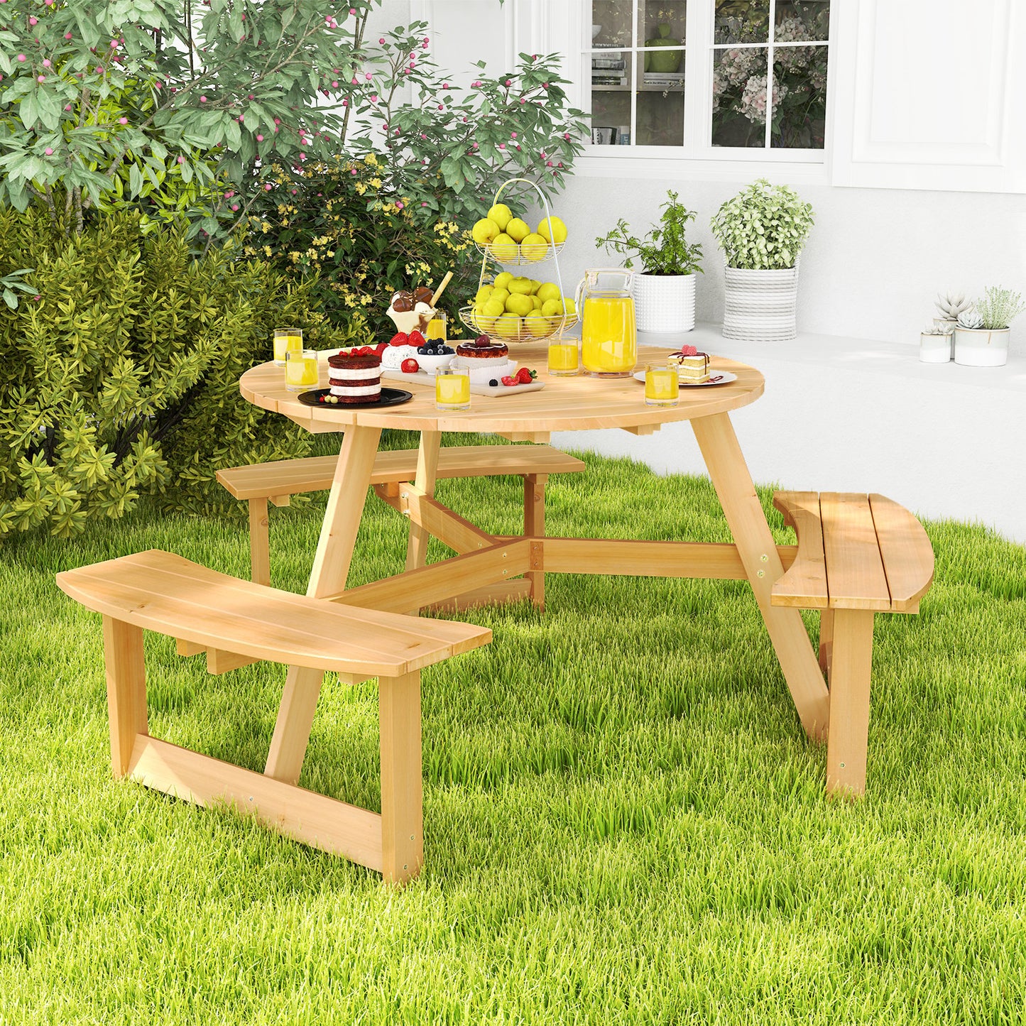 Kids Outdoor Wooden Picnic Table and Bench Set with Umbrella Hole-Natural