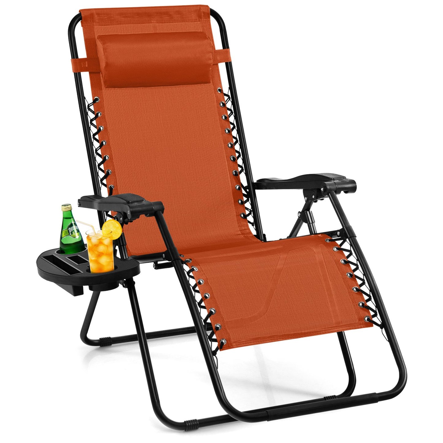 Outdoor Folding Zero Gravity Reclining Lounge Chair with Utility Tray-Beige