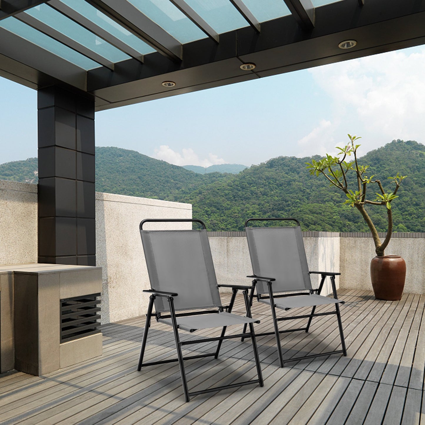 Outdoor Folding Sling Chairs with Armrest and Backrest-Black