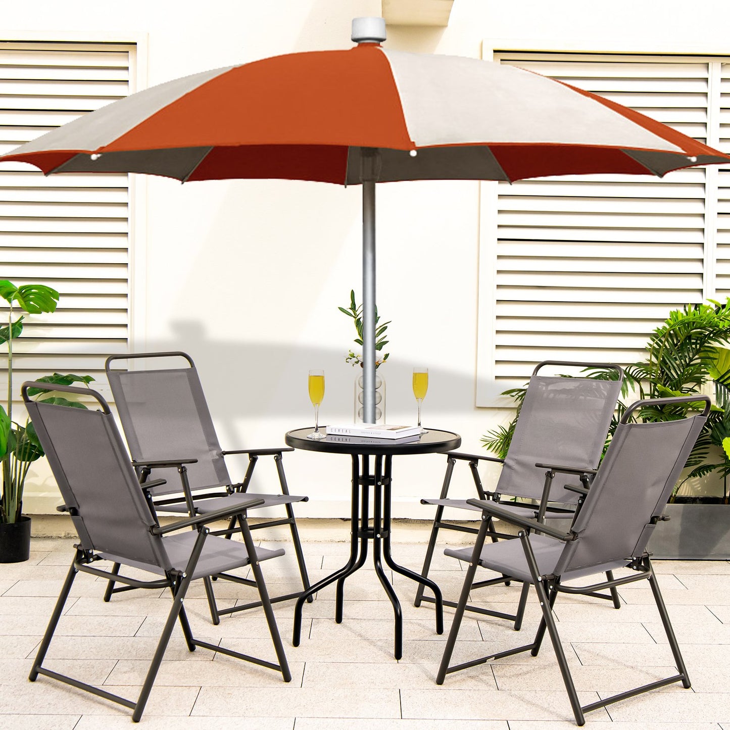 Outdoor Folding Sling Chairs Set of 4 with Armrest and Backrest-Black