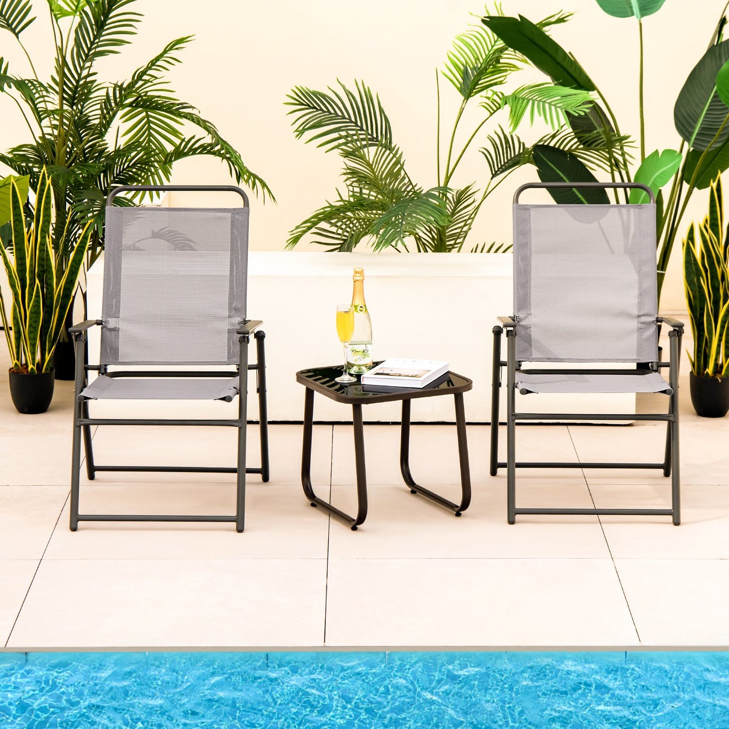 Outdoor Folding Sling Chairs Set of 4 with Armrest and Backrest-Black