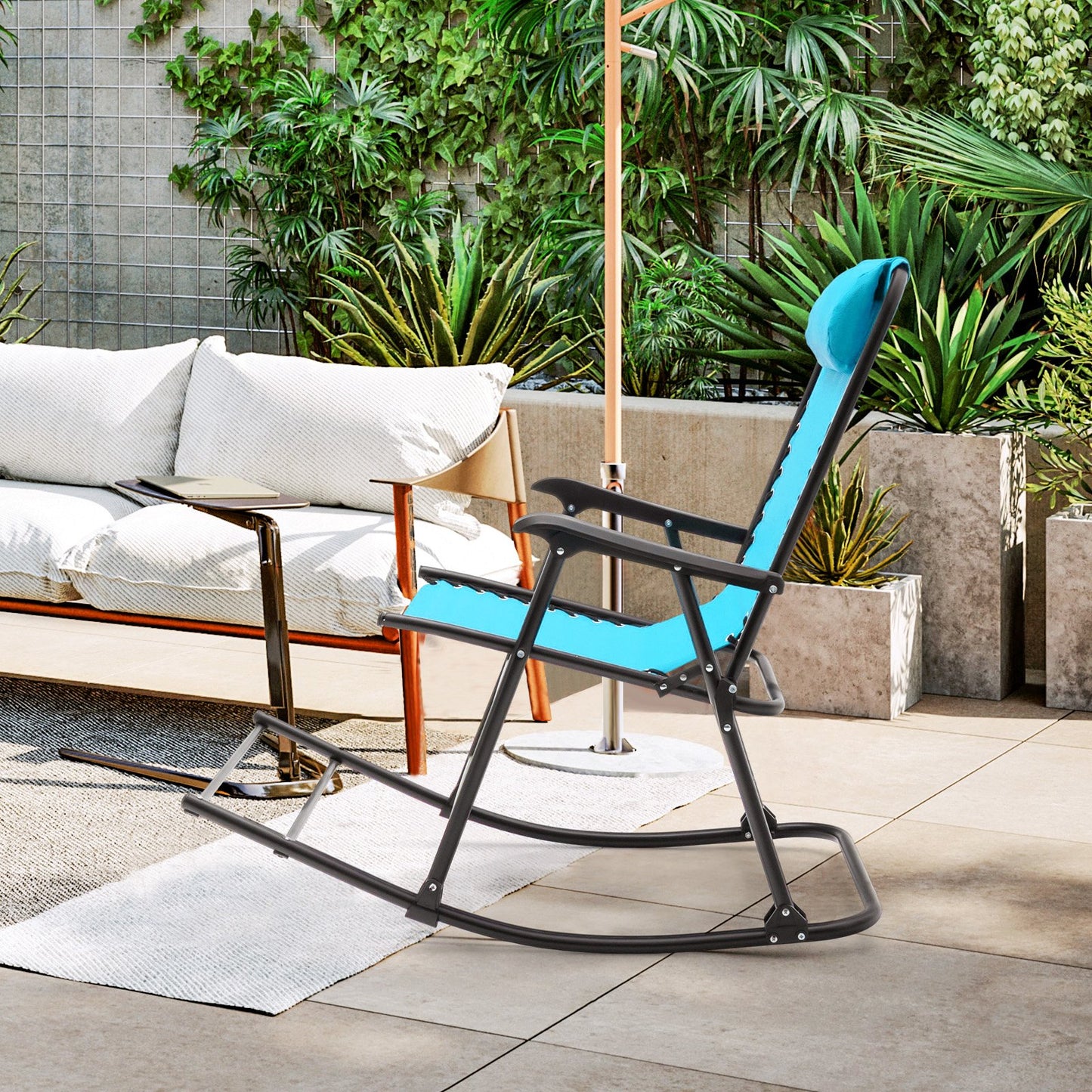 Outdoor Patio Headrest Folding Zero Gravity Rocking Chair-Beige
