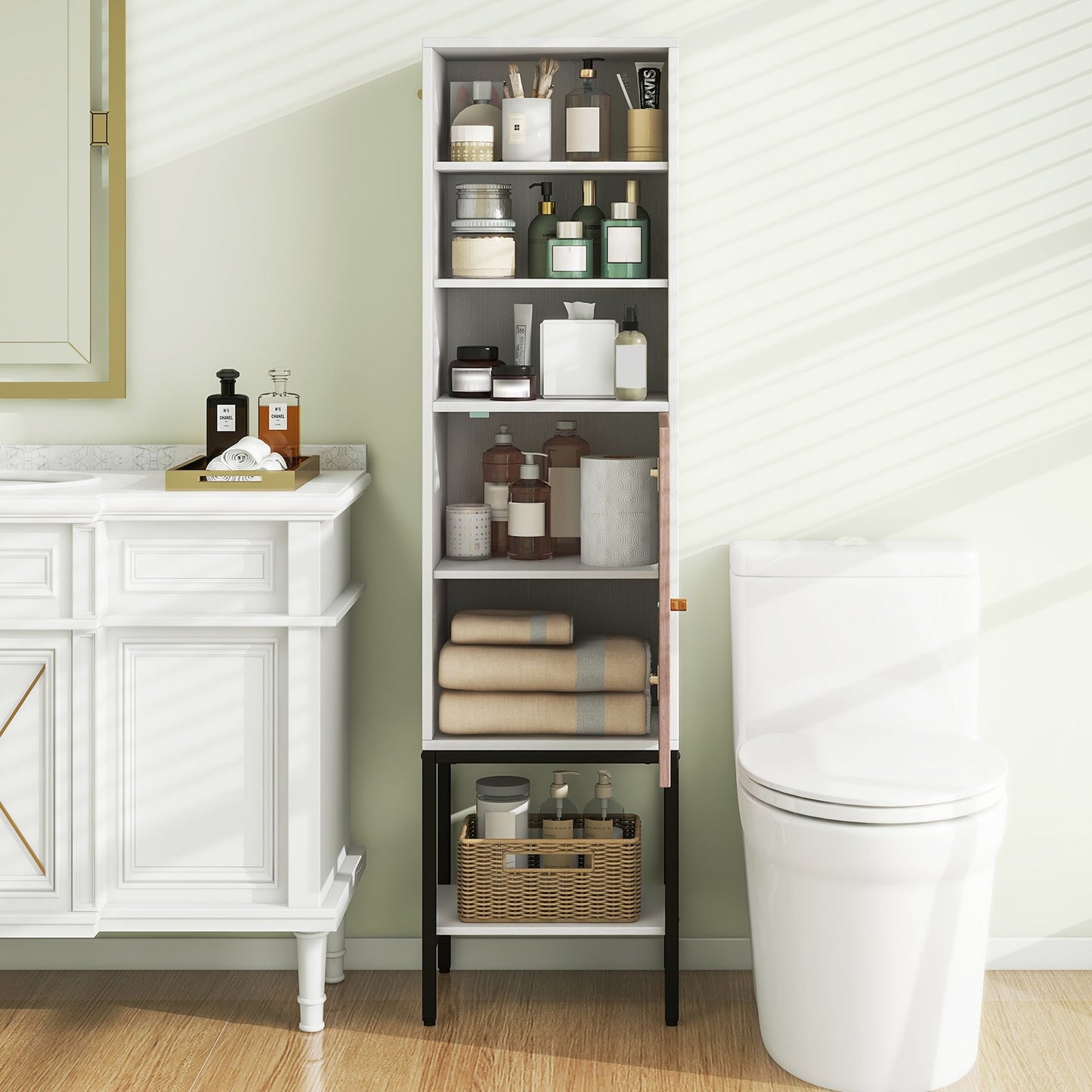 57 Inch Bathroom Tall Cabinet with 1 Door and 4 Shelves Narrow Storage Unit-Black