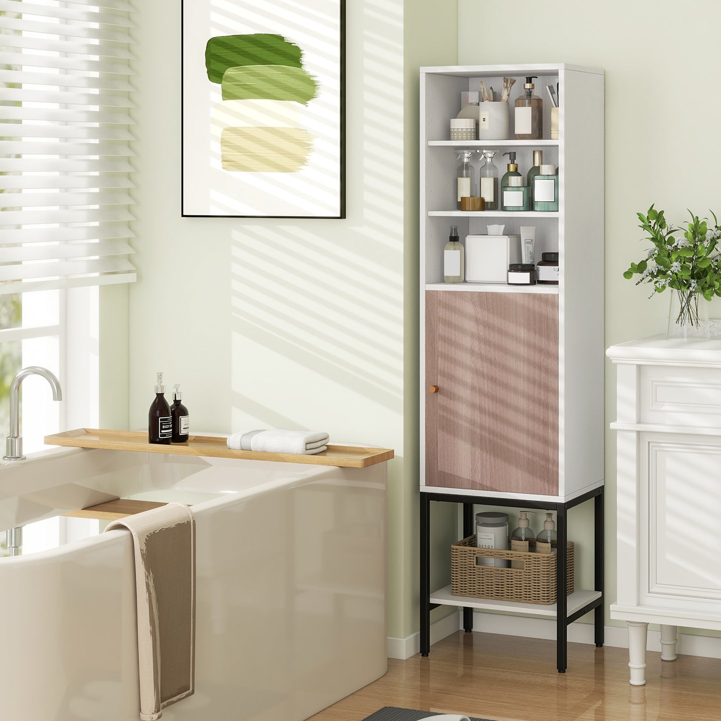 57 Inch Bathroom Tall Cabinet with 1 Door and 4 Shelves Narrow Storage Unit-Black