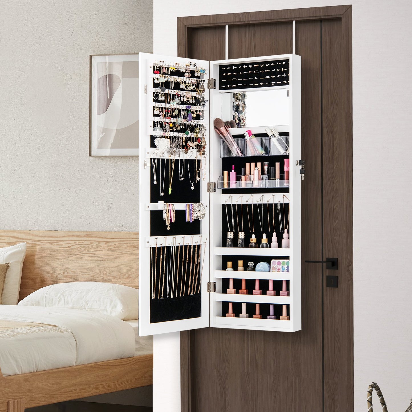 43.5 Inch Jewelry Mirror Cabinet with Full-length Mirror and Adjustable Hangers-Dark Brown
