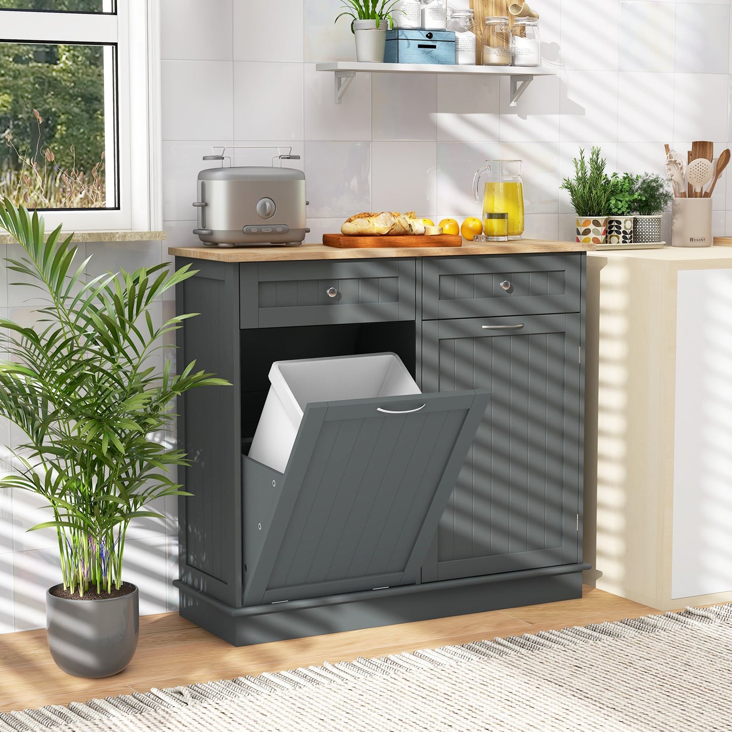 Kitchen Tilt Out Trash Cabinet with 2 Drawers and Adjustable Shelf-Black