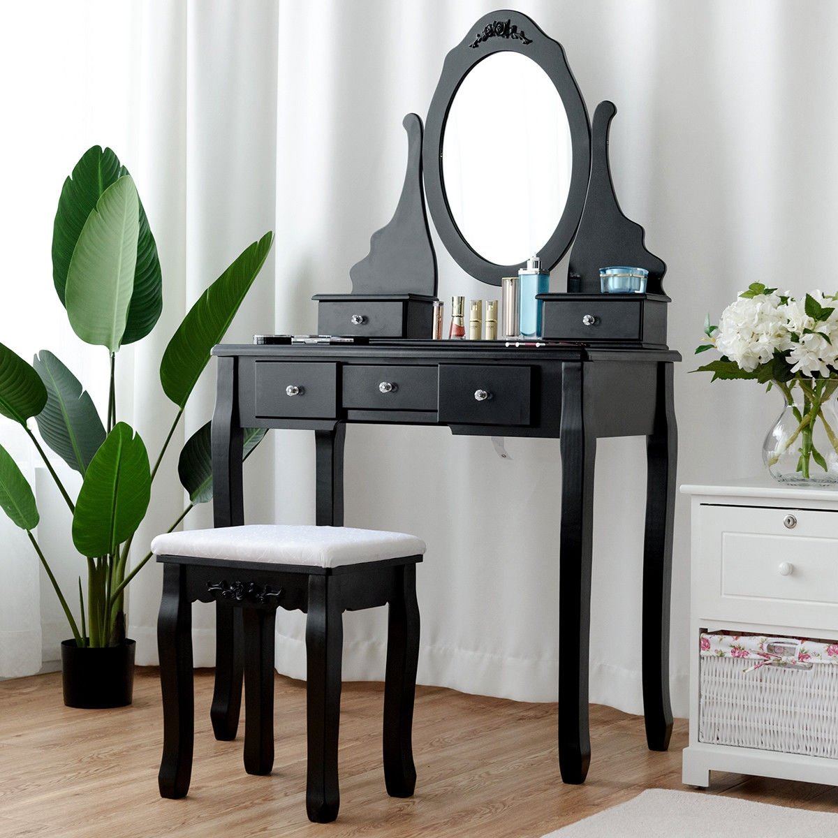 Wooden Vanity Set with 360° Rotating Oval Mirror and Cushioned Stool-Black