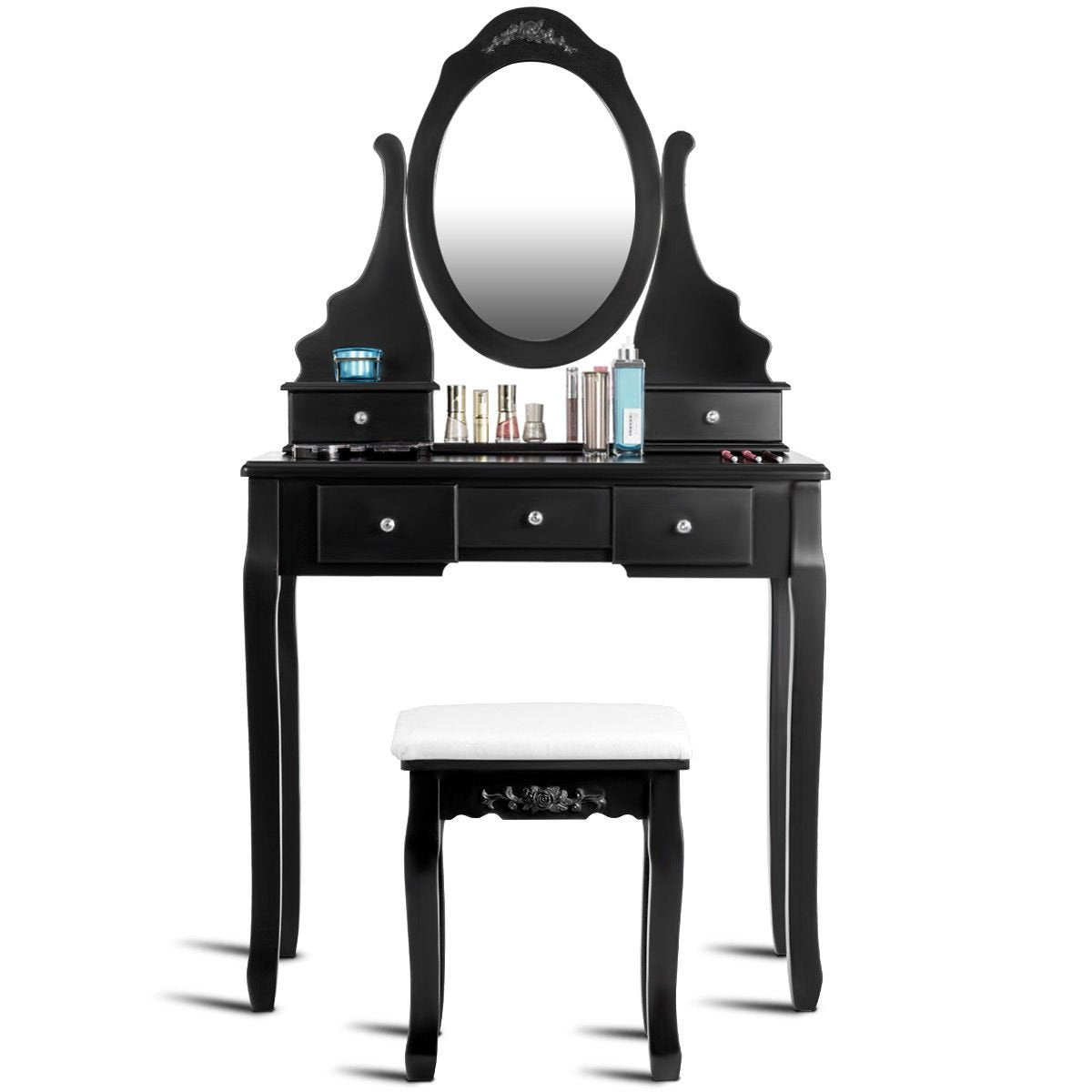 Wooden Vanity Set with 360° Rotating Oval Mirror and Cushioned Stool-Black