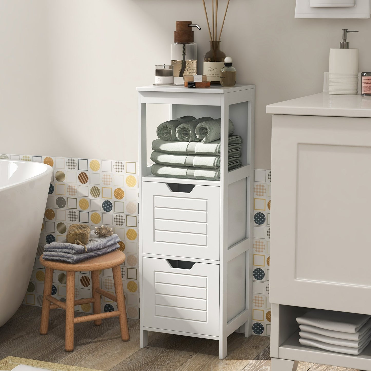 Bathroom Wooden Floor Cabinet Multifunction Storage Rack Stand Organizer-Black