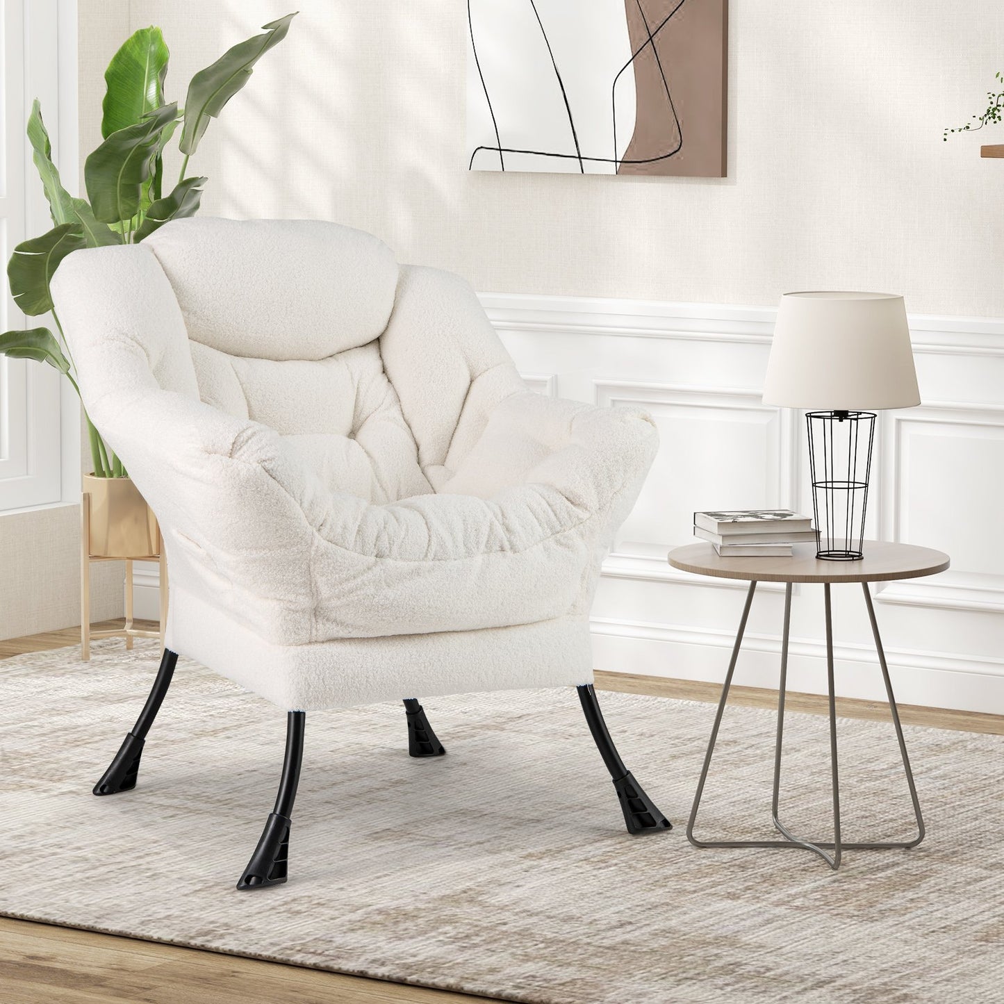Sherpa Upholstered Accent Chair with Cozy Head Pillow-Beige