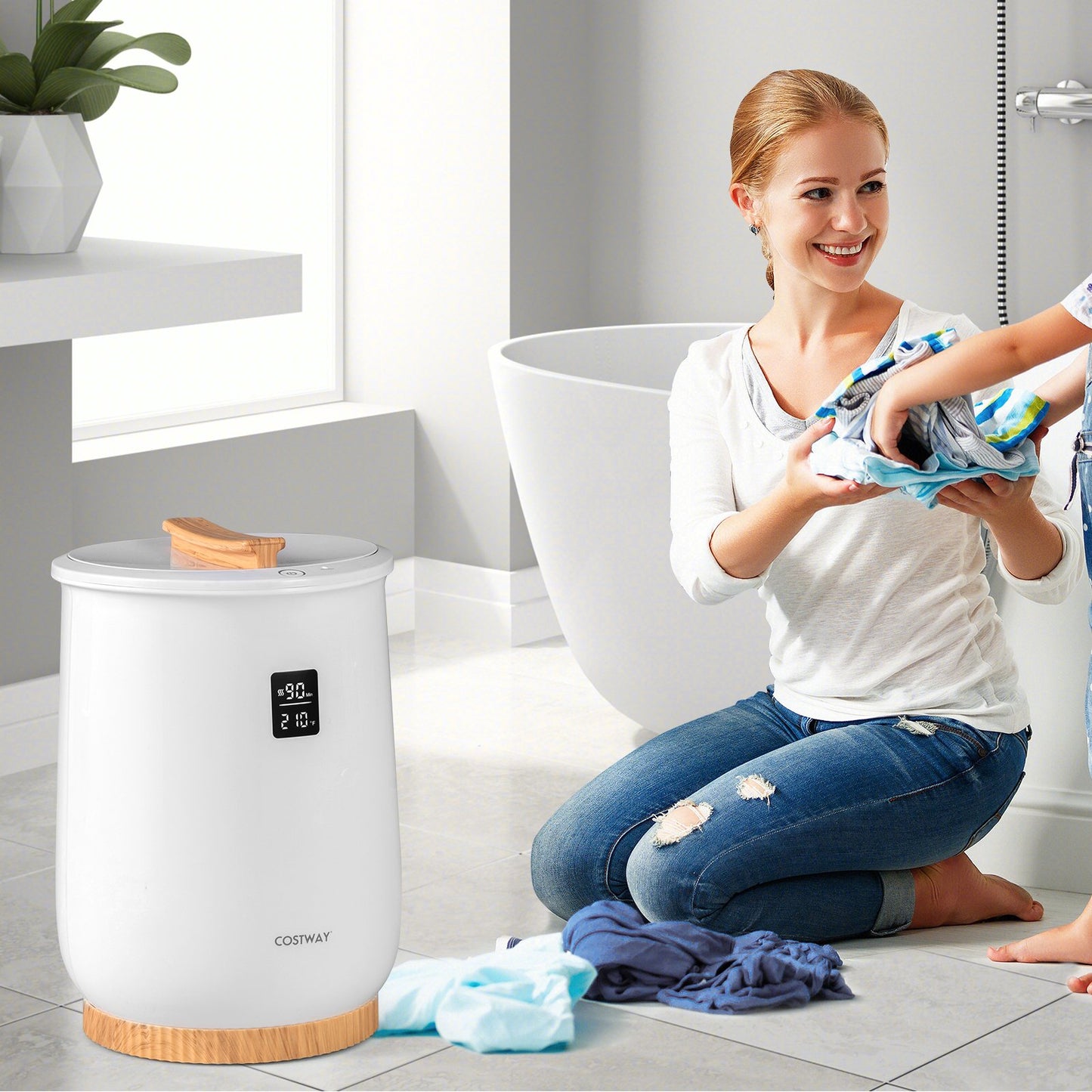White 20L large heated towel warmer with LED display and button control, designed for bathroom use, by Wilsons Home Store.