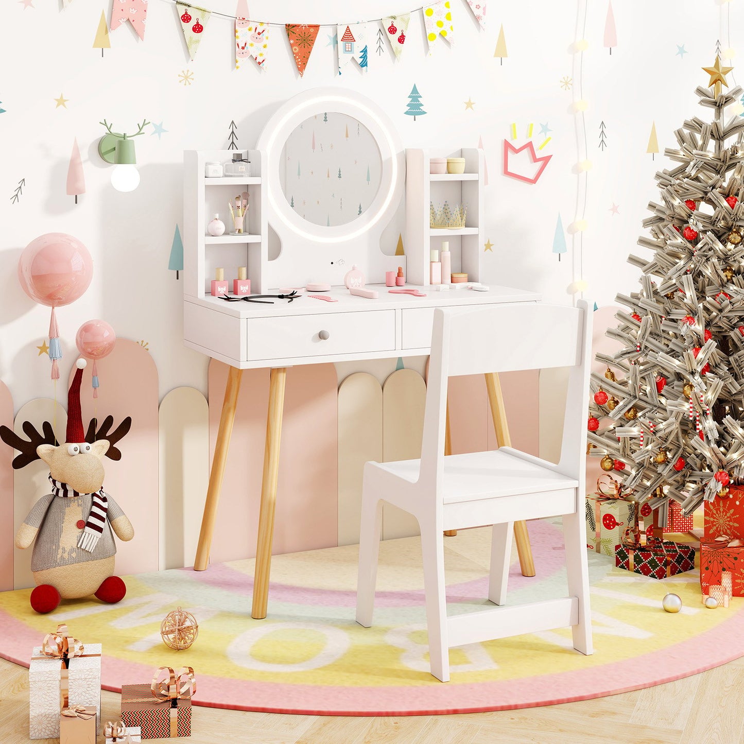 Kids Vanity Set with Lighted Mirror and Storage Drawers-Pink