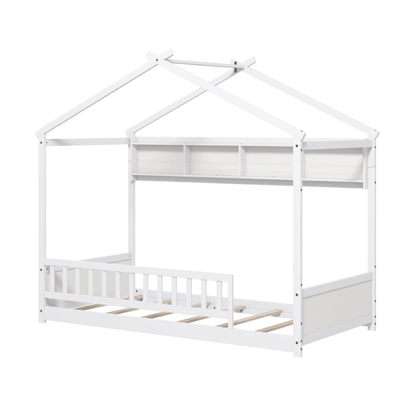 Twin Size House Bed with Storage Shelf and Headboard-Gray