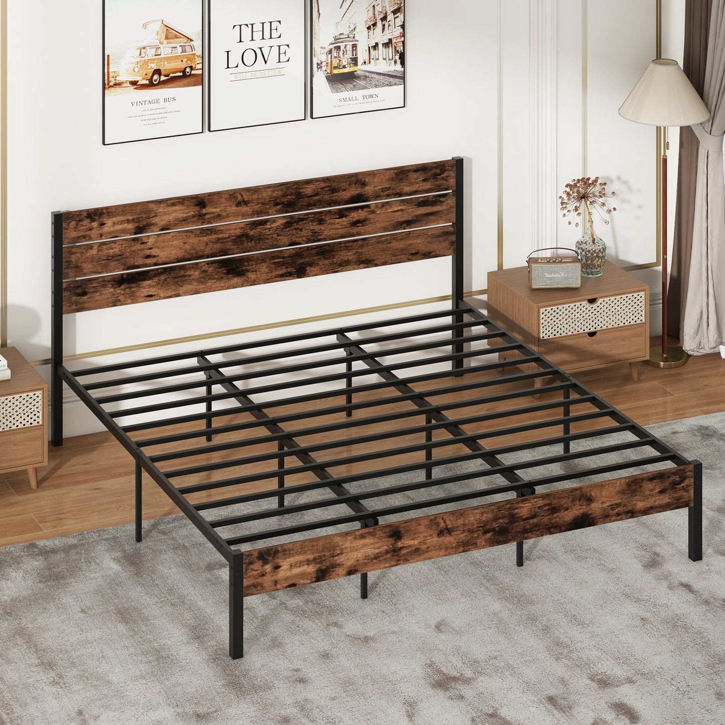Full/King/Queen/Twin Size Bed Frame with High Headboard and Mute Bar-Queen Size