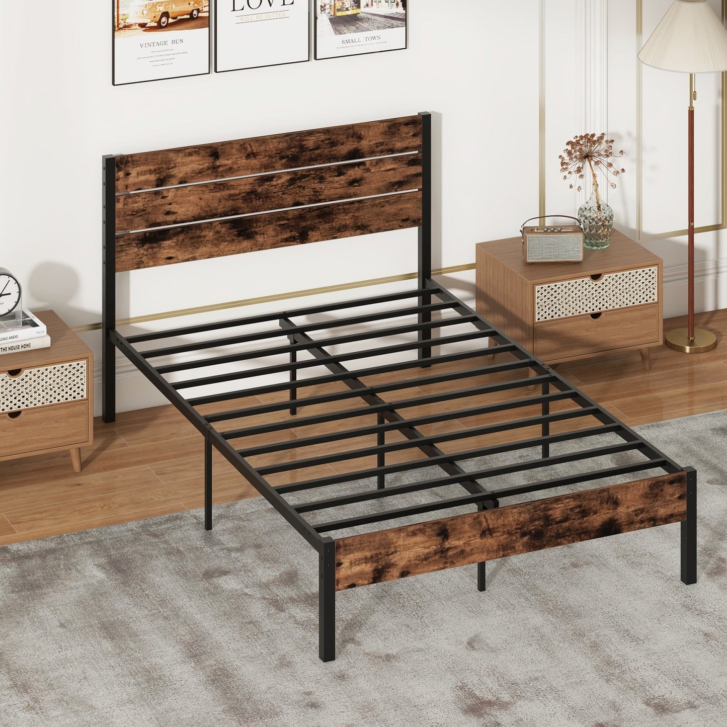 Full/King/Queen/Twin Size Bed Frame with High Headboard and Mute Bar-Queen Size