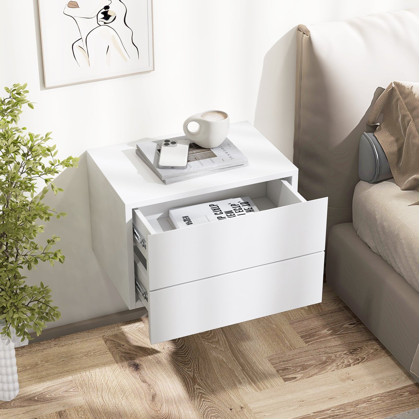 Floating Nightstand with Drawers and Storage Shelf-Gray