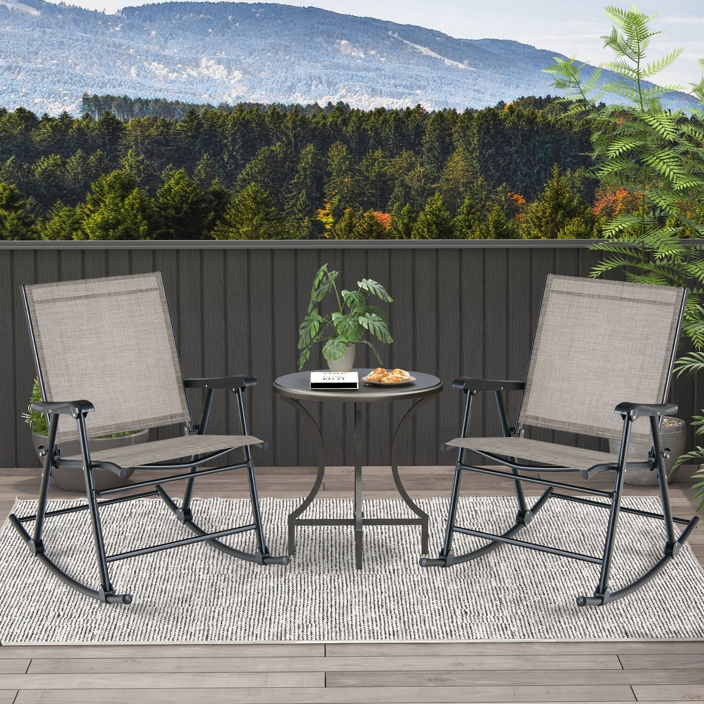 Folding Rocking Chair with Breathable Seat Fabric Set of 2-Black