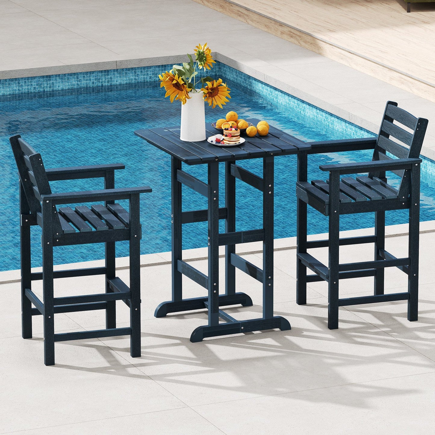 Patio HDPE Adirondack Bar Chairs Set of 2 with Wide Armrests-Black