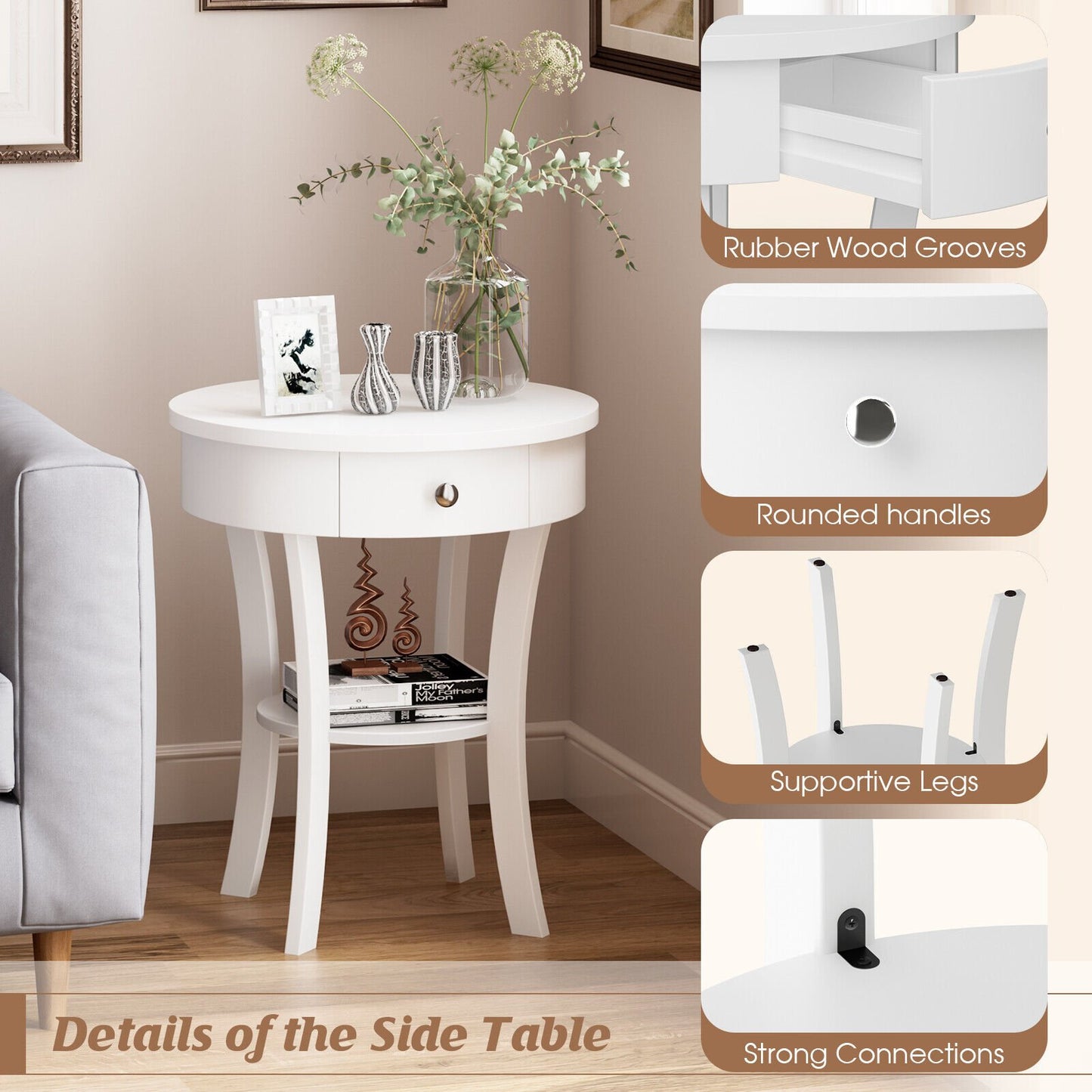 2-Tier Wood Round End Table with Open Drawer-Black