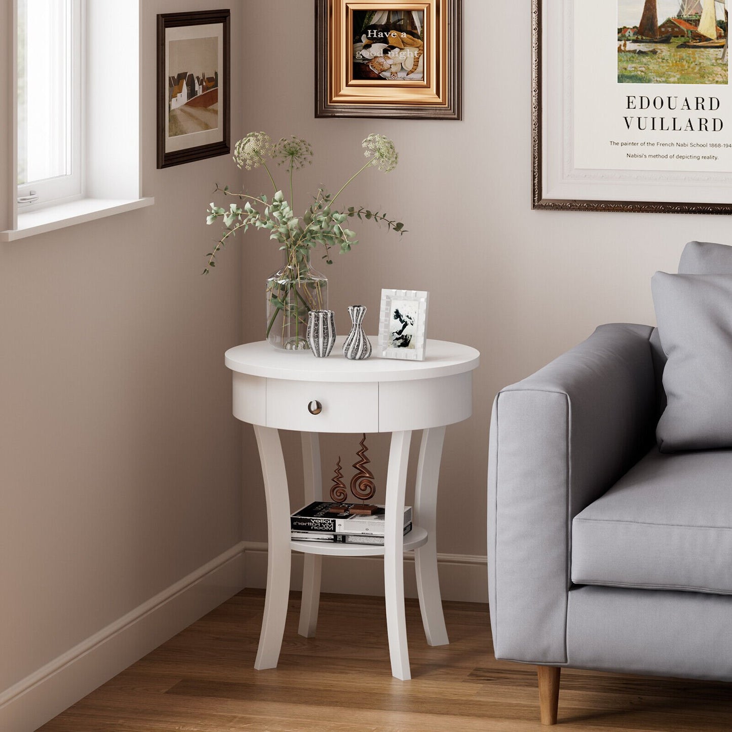 2-Tier Wood Round End Table with Open Drawer-Black