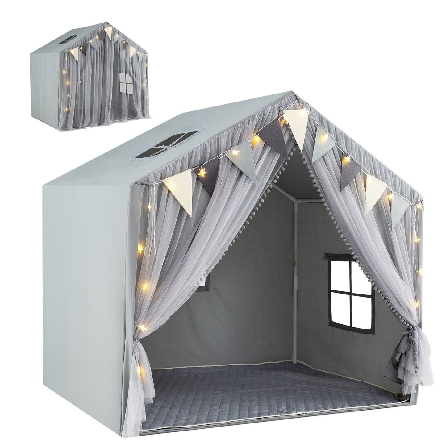Large Toddler Playhouse Tent with Door Curtains Windows-Beige