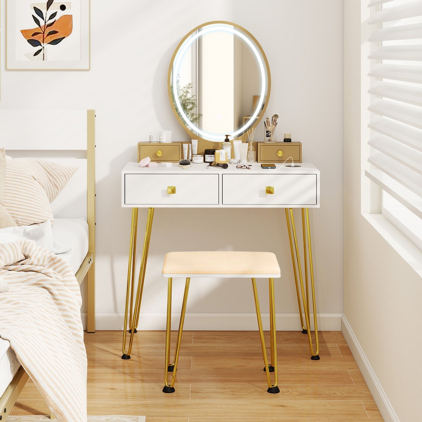 Vanity Table Set with 3-Color Lighted Dimmable Mirror-Brown