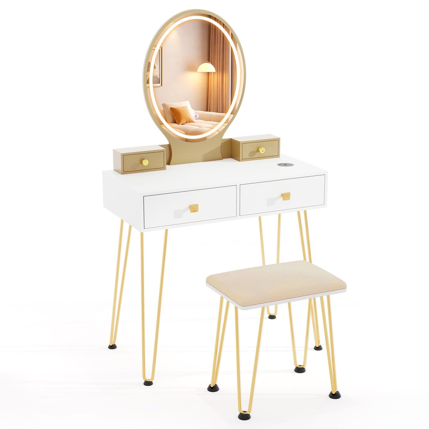 Vanity Table Set with 3-Color Lighted Dimmable Mirror-Brown