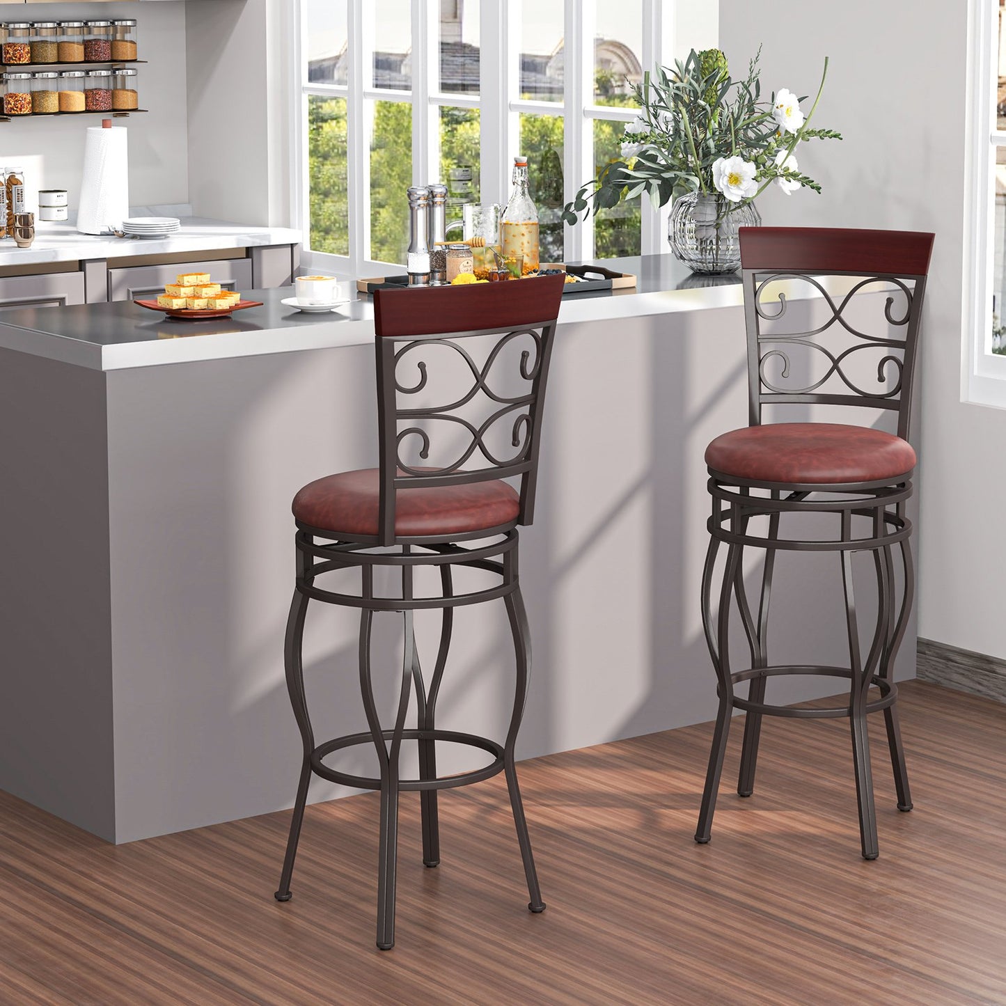 Set of 2 30 Inch Bar Stool with Backrest and Footrest-Black