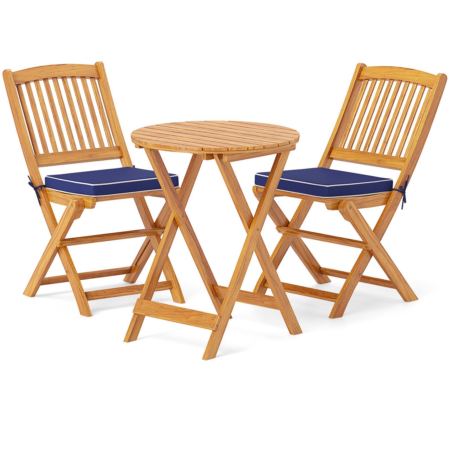 3 Pieces Acacia Wood Patio Folding Bistro Set with Soft Cushions-Beige
