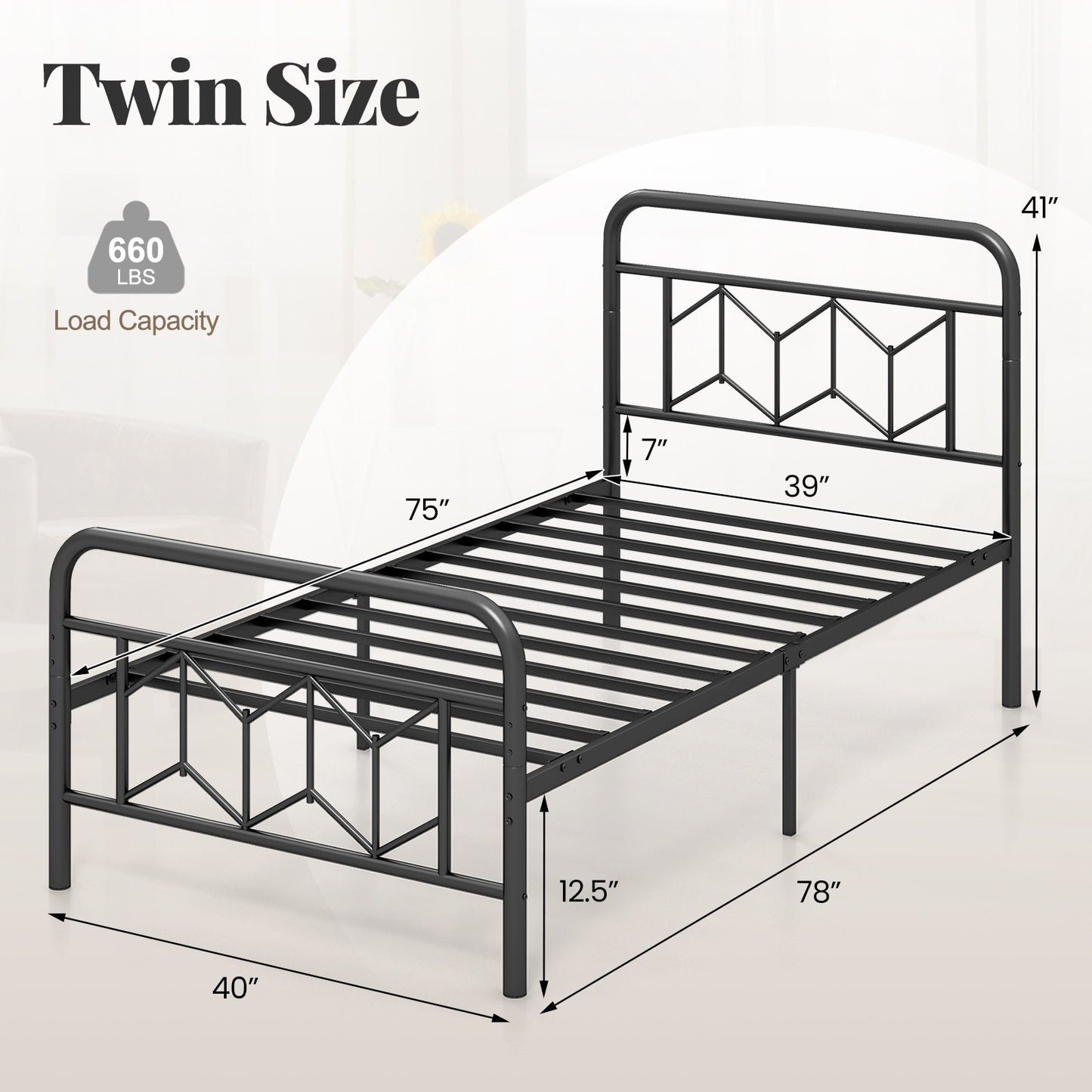 Platform Bed with High Headboard and Snap Lock Metal Slats-King Size