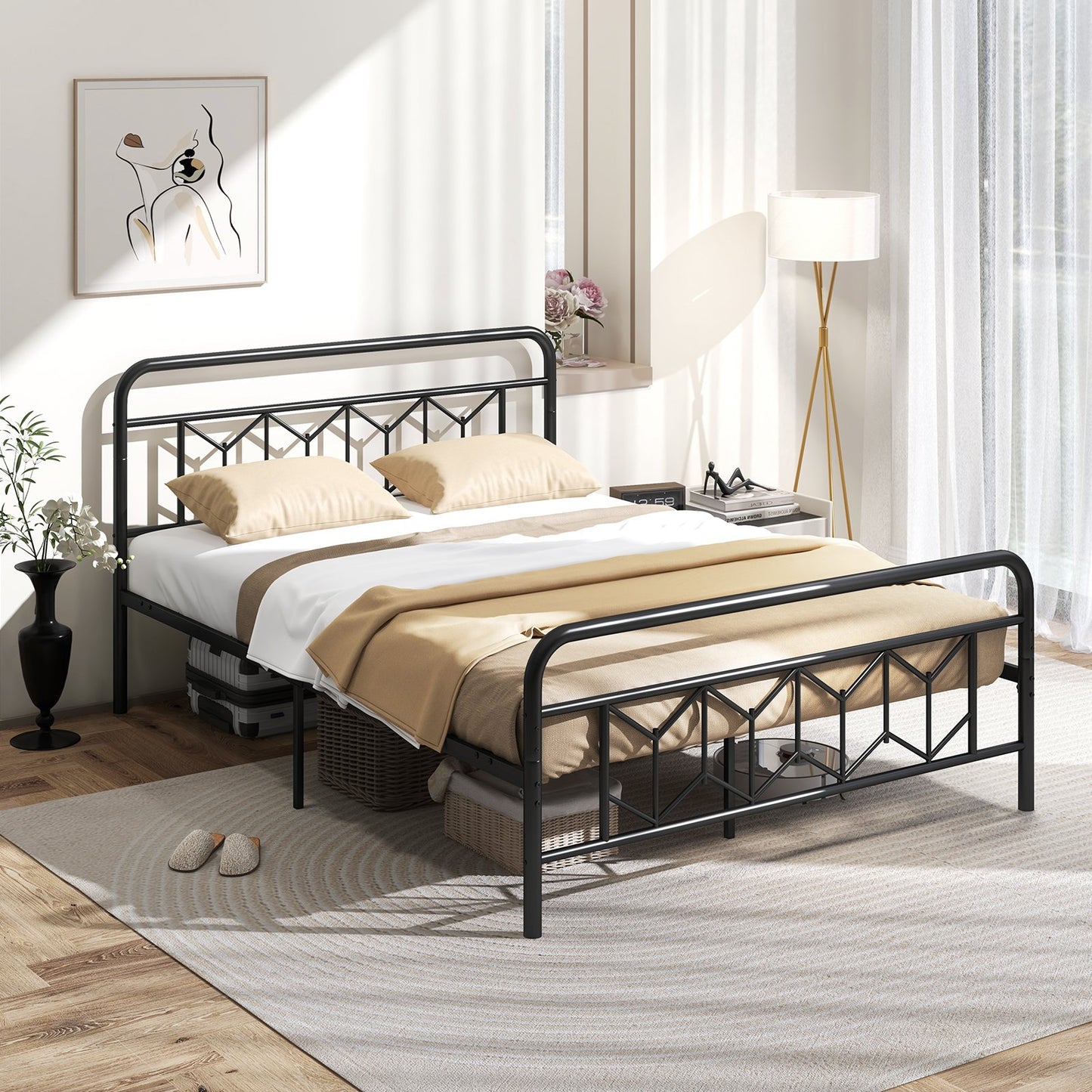 Platform Bed with High Headboard and Snap Lock Metal Slats-King Size