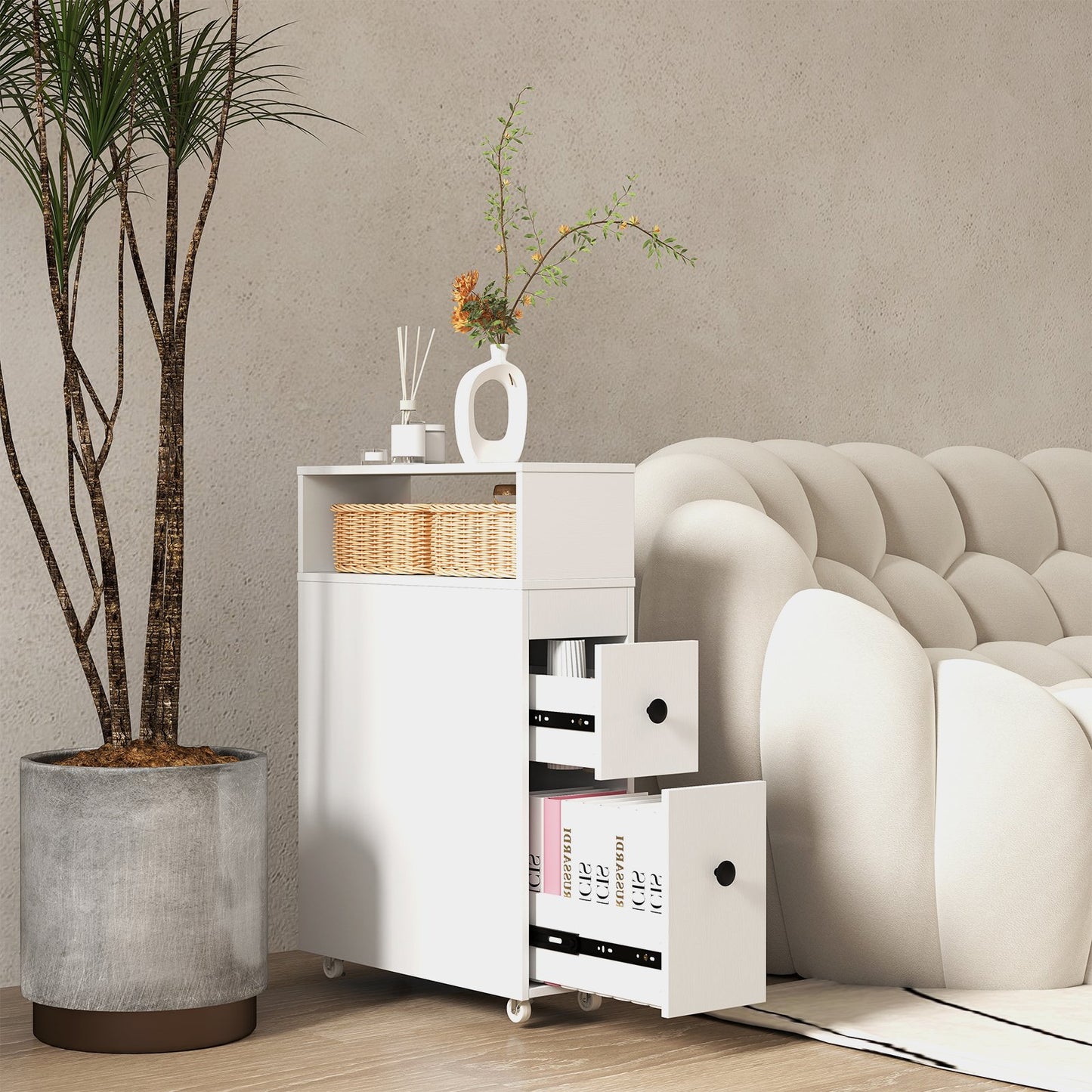 Slim Bathroom Cabinet Wooden Toilet Organizer with Deep Slide Out Drawers