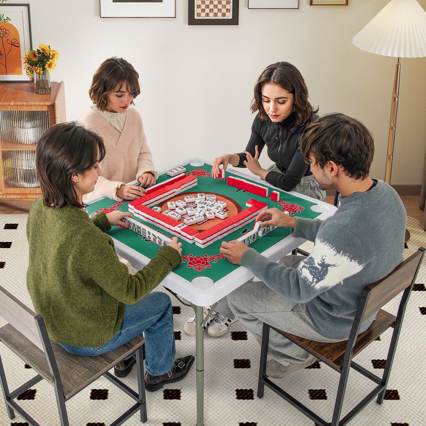 35 Inch 4 Player Game Card Folding Mahjong Table with Cup Holders-Blue