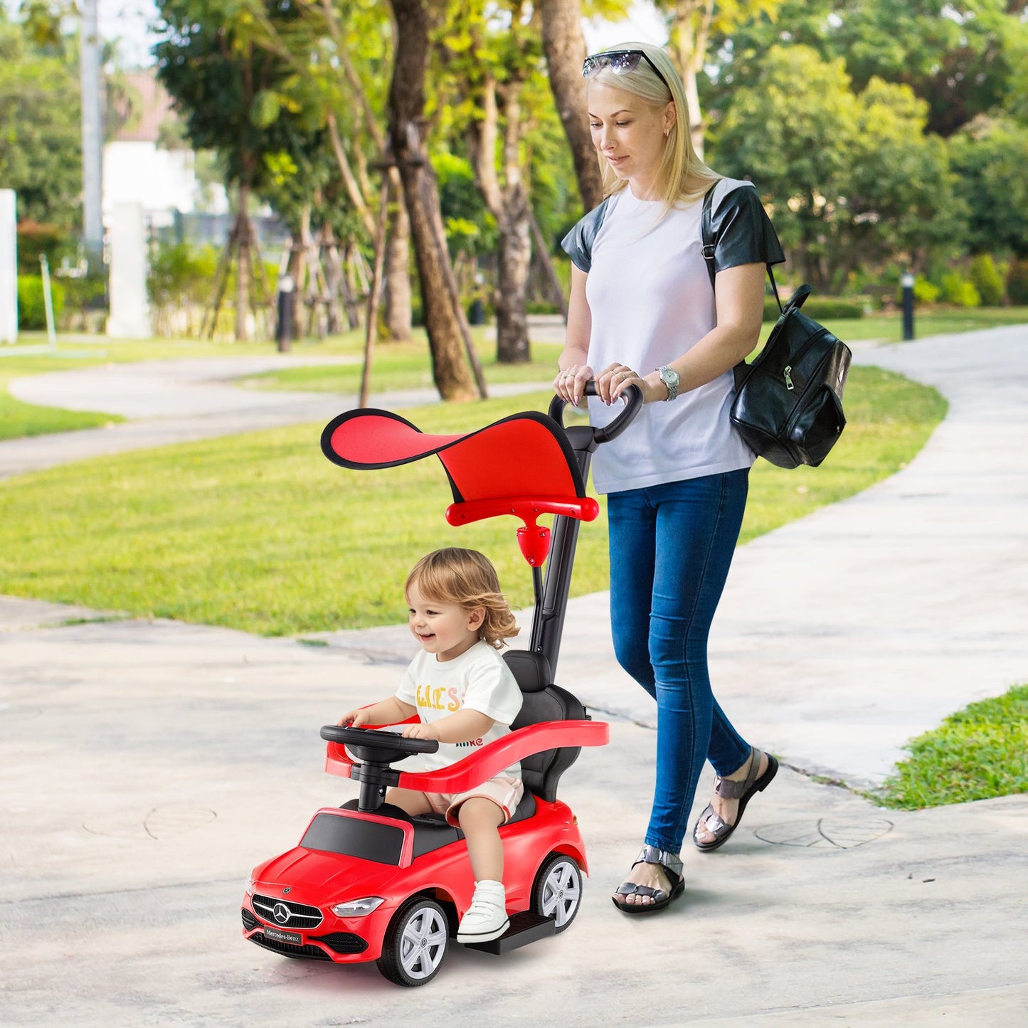 3-in-1 Ride on Push Car Mercedes-Benz Licensed Sliding Car with Canopy-Black