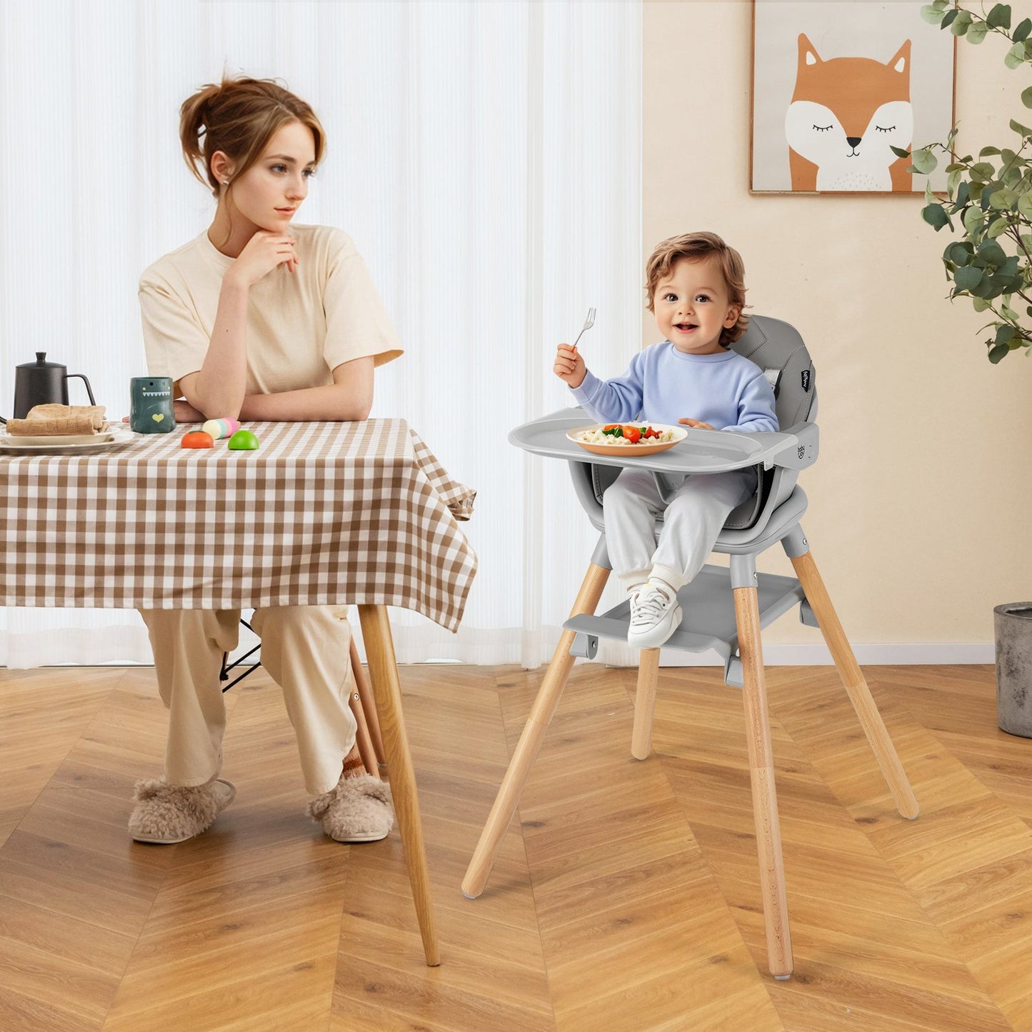 6 in 1 Convertible Highchair with Safety Harness and Removable Tray-Beige