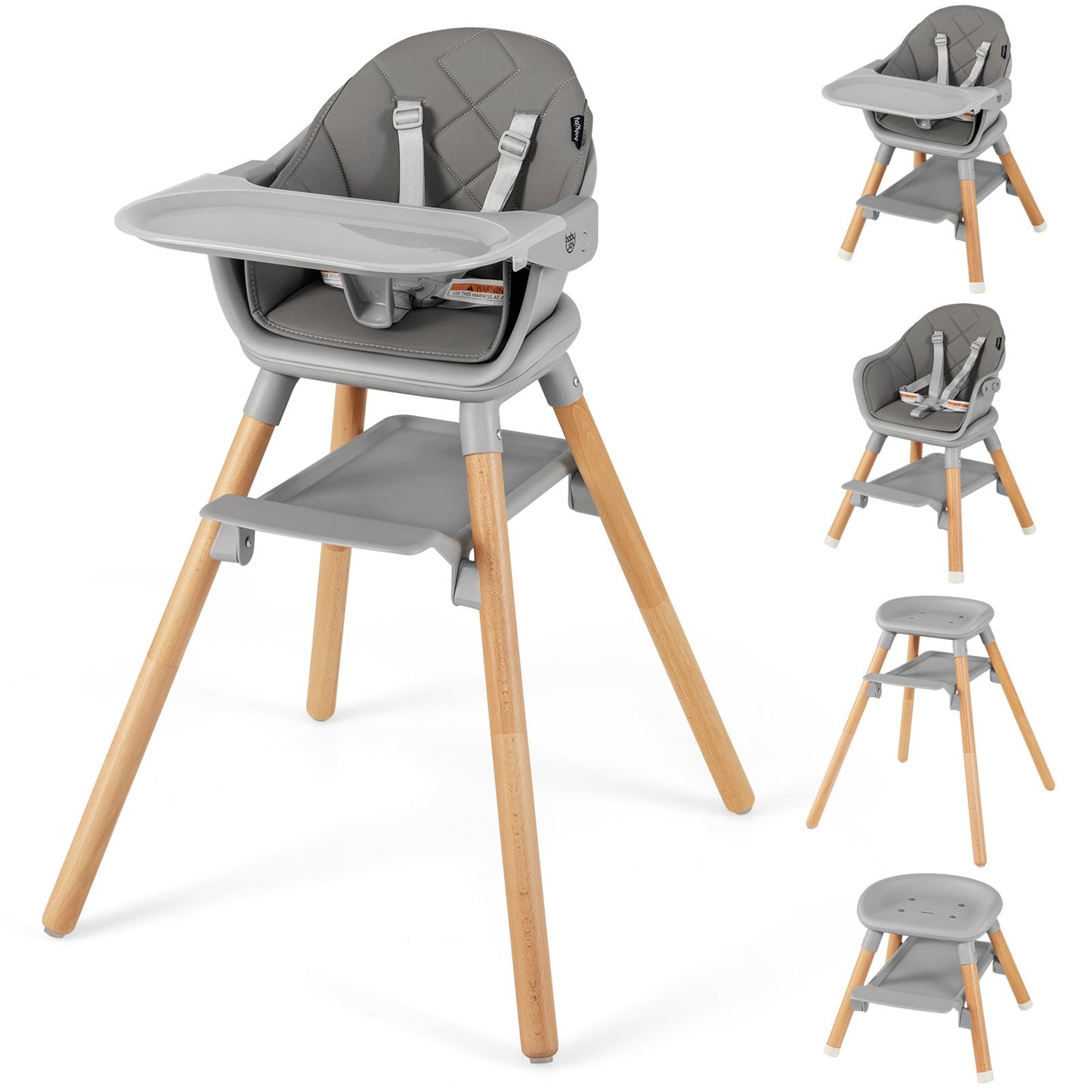 6 in 1 Convertible Highchair with Safety Harness and Removable Tray-Beige
