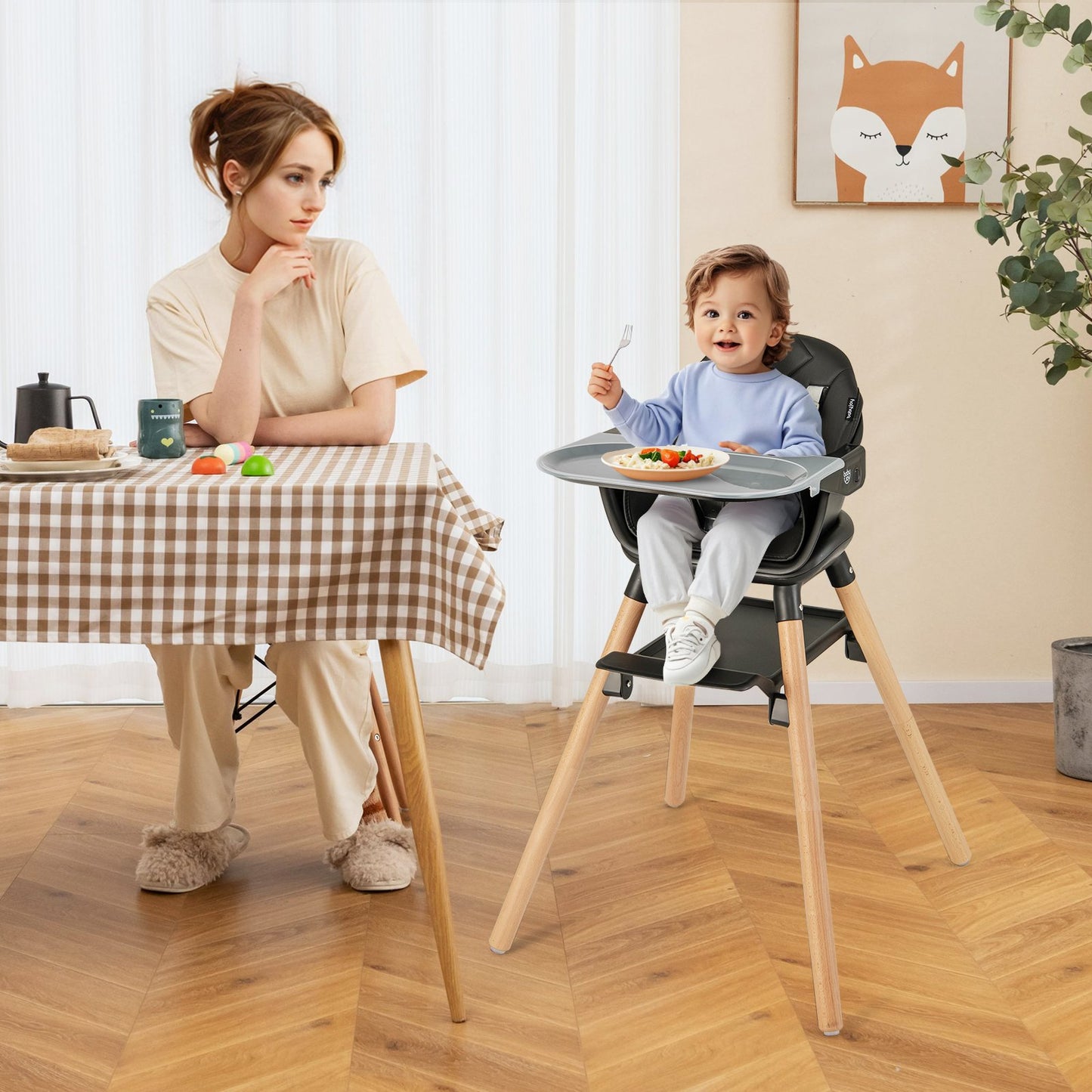 6 in 1 Convertible Highchair with Safety Harness and Removable Tray-Beige