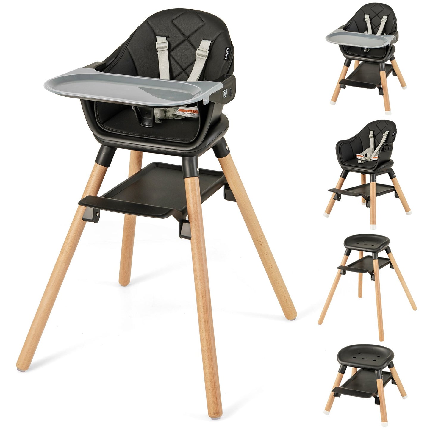 6 in 1 Convertible Highchair with Safety Harness and Removable Tray-Beige