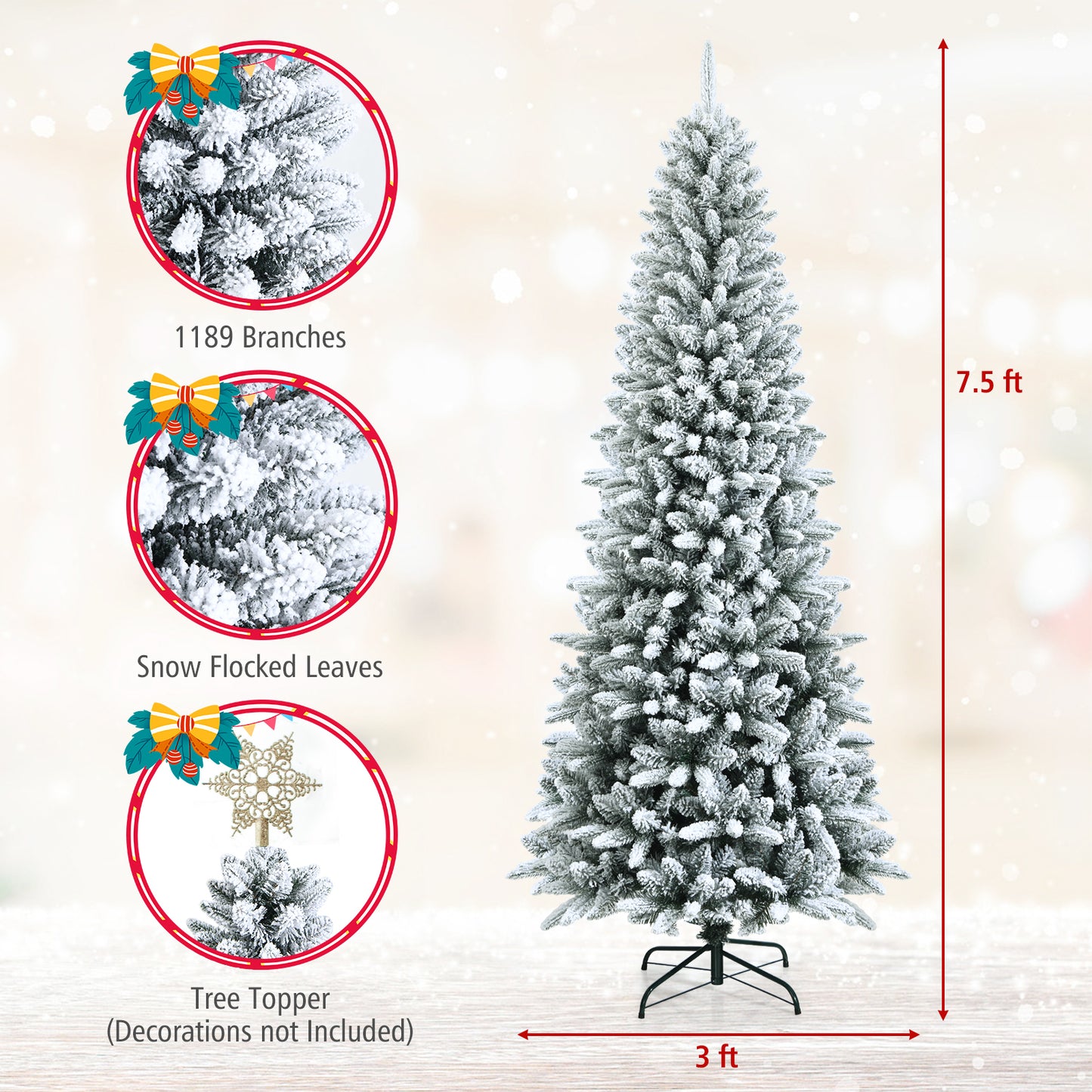 Snow-Flocked Hinged Artificial Christmas Pencil Tree with Mixed Tips-7.5'