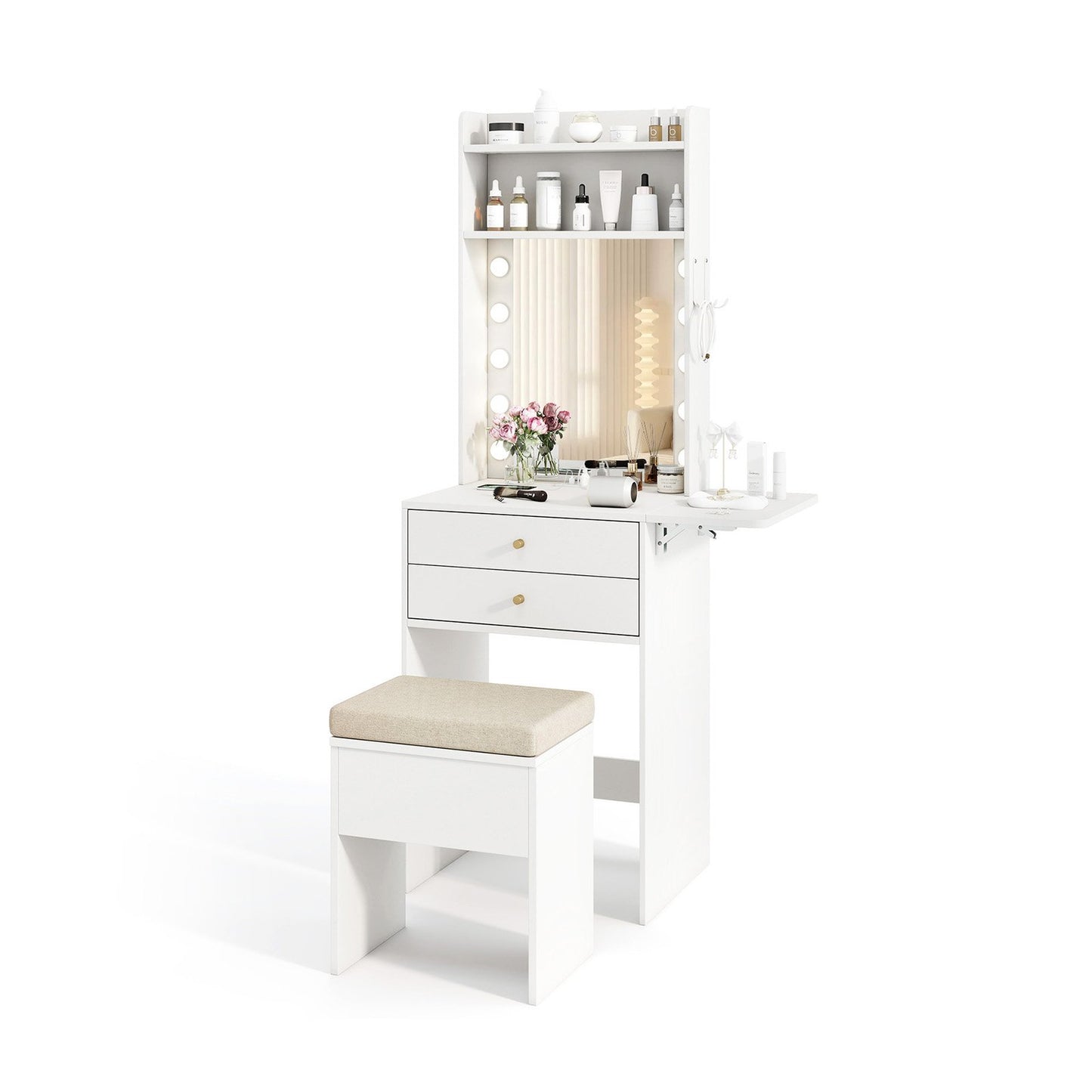Compact Vanity Desk Set with 3-Color Lighted Mirror and Power Outlets-Black