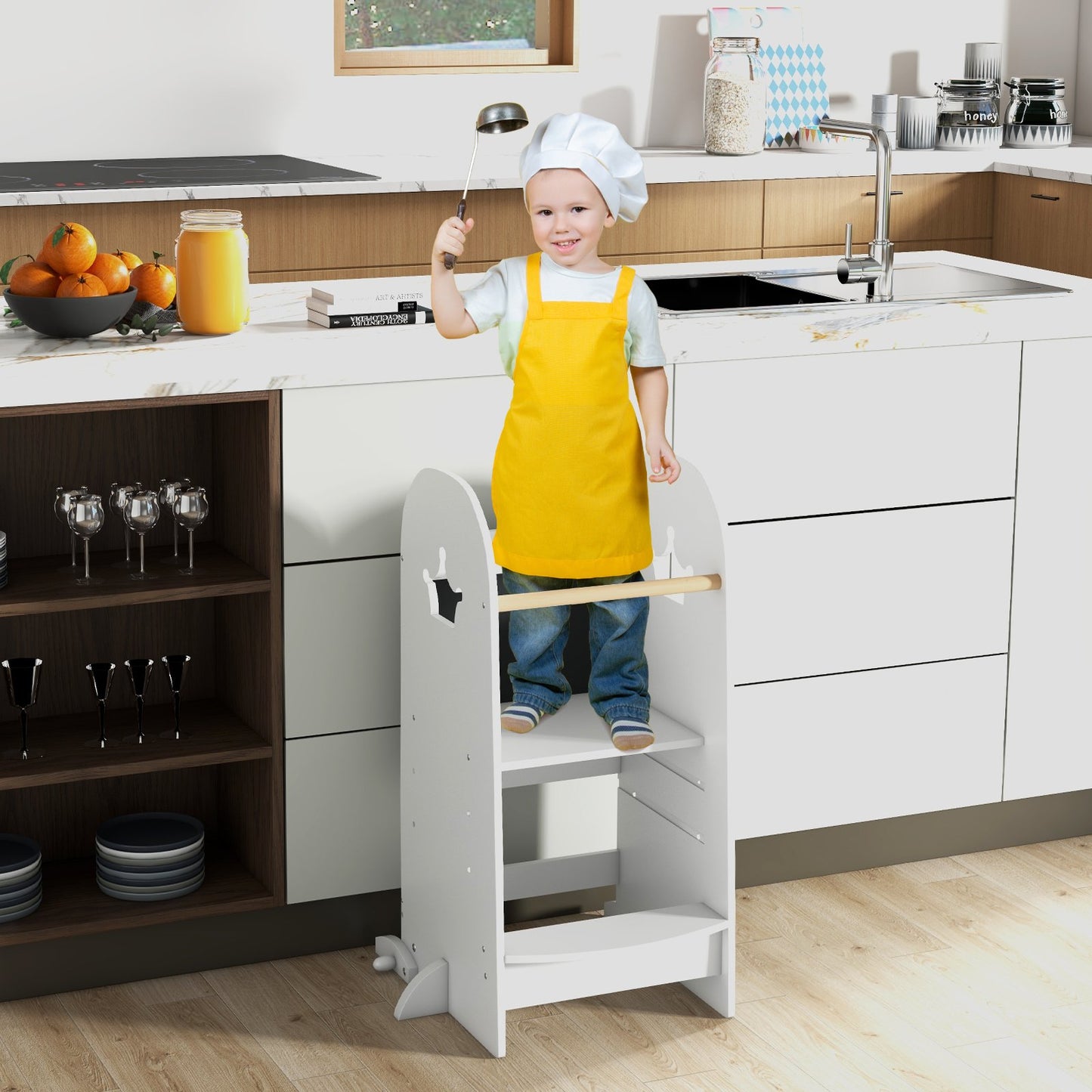 Kids Kitchen Tower Adjustable with Chalkboard and Safety Rail-Pink