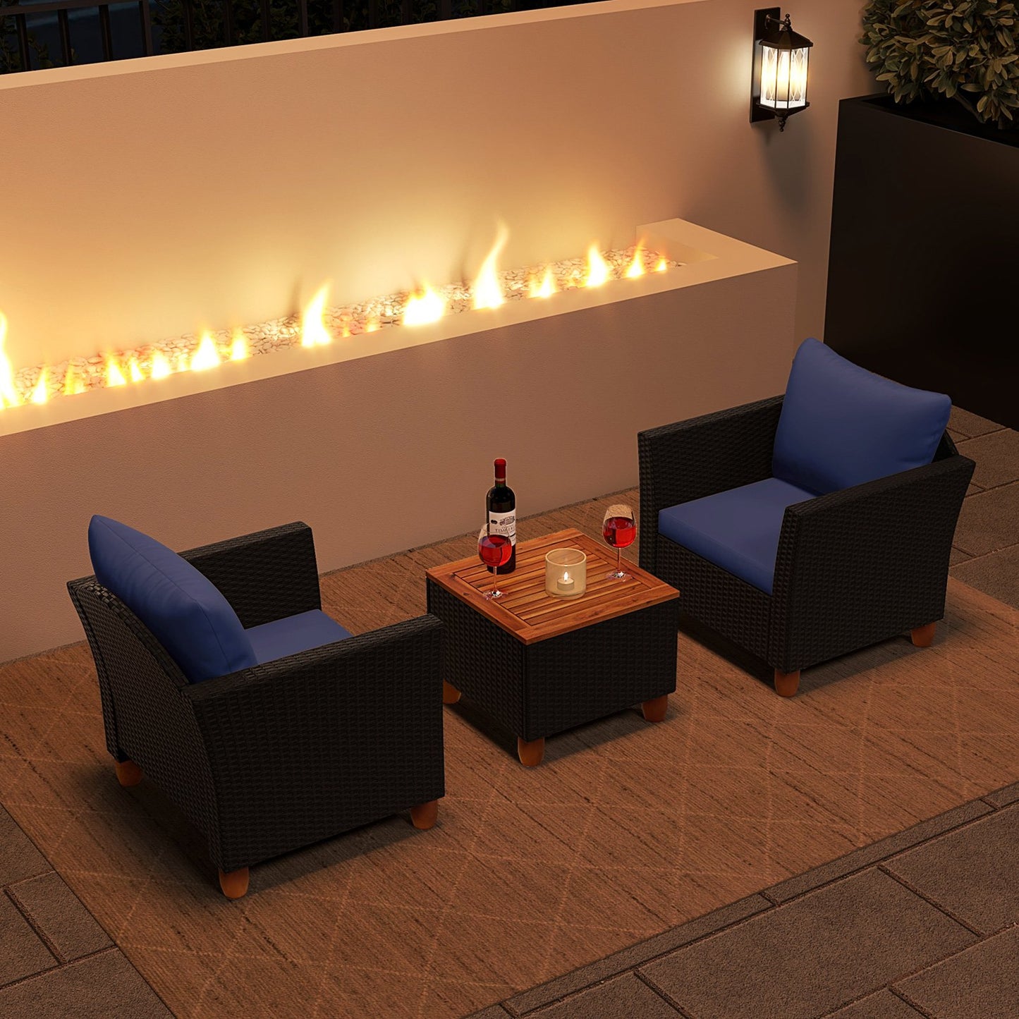 3 Pieces Outdoor Patio Rattan Furniture Set-Black