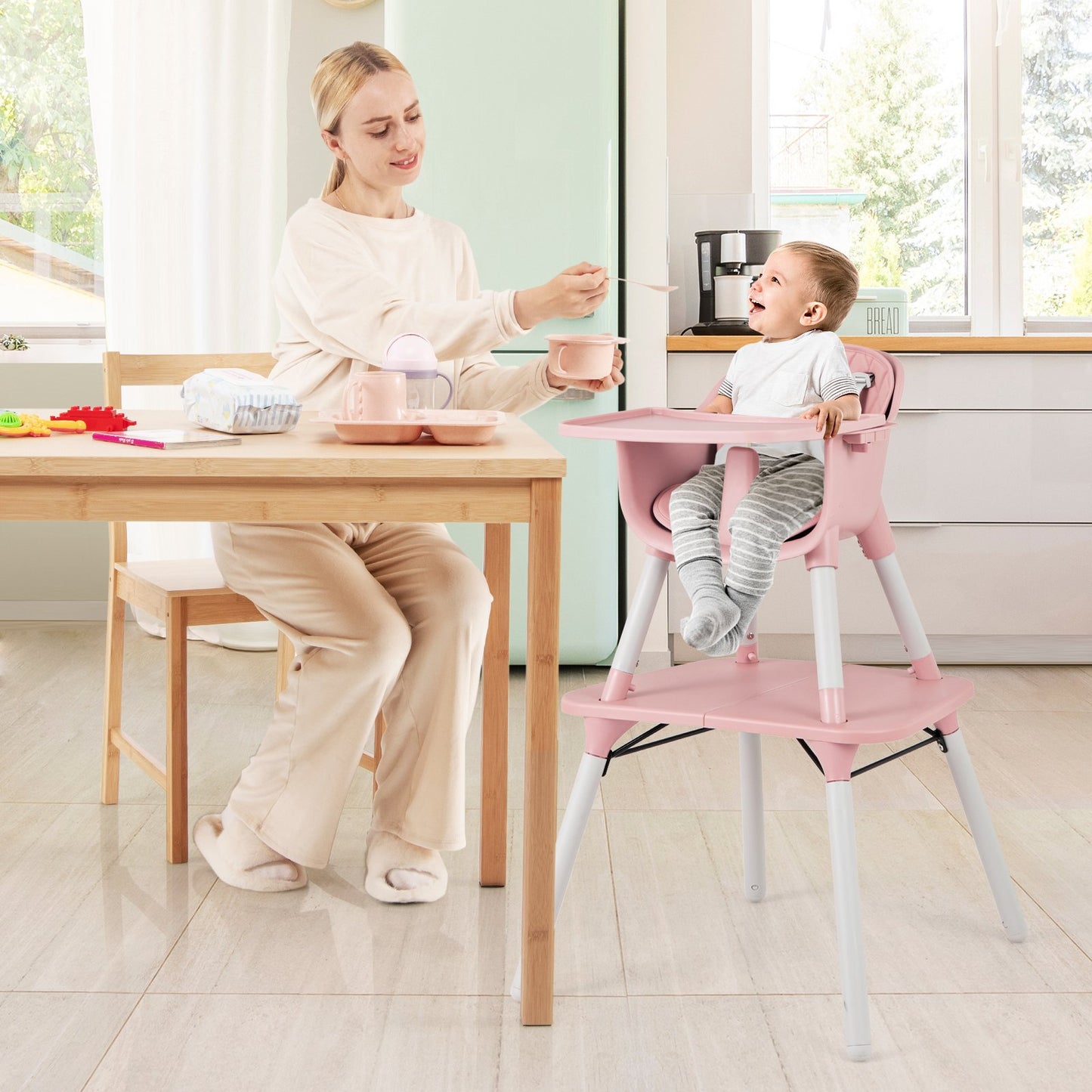 4-in-1 Baby Convertible Toddler Table Chair Set with PU Cushion-Pink